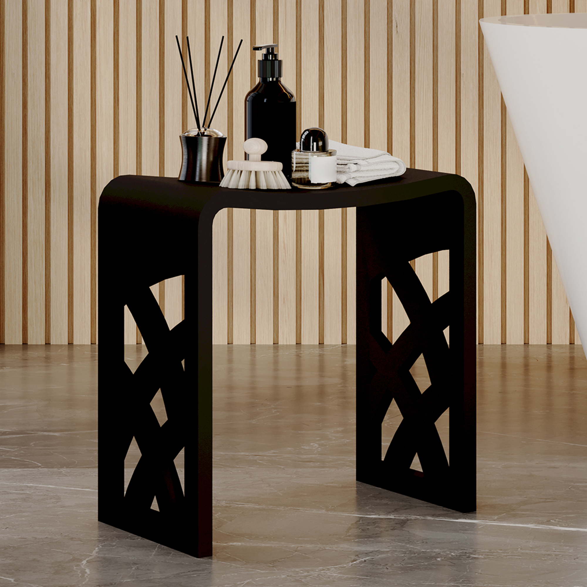 Chic Solid Surface Stone Bathroom Bench with Lattice Carved Legs