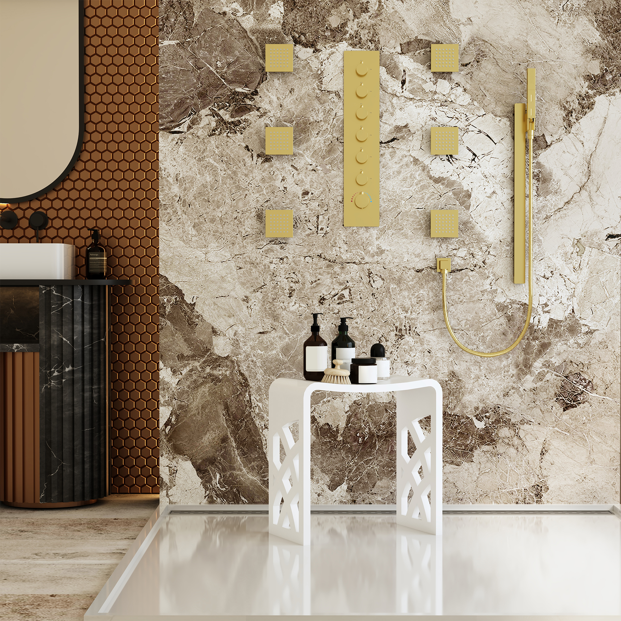 Chic Solid Surface Stone Bathroom Bench with Lattice Carved Legs