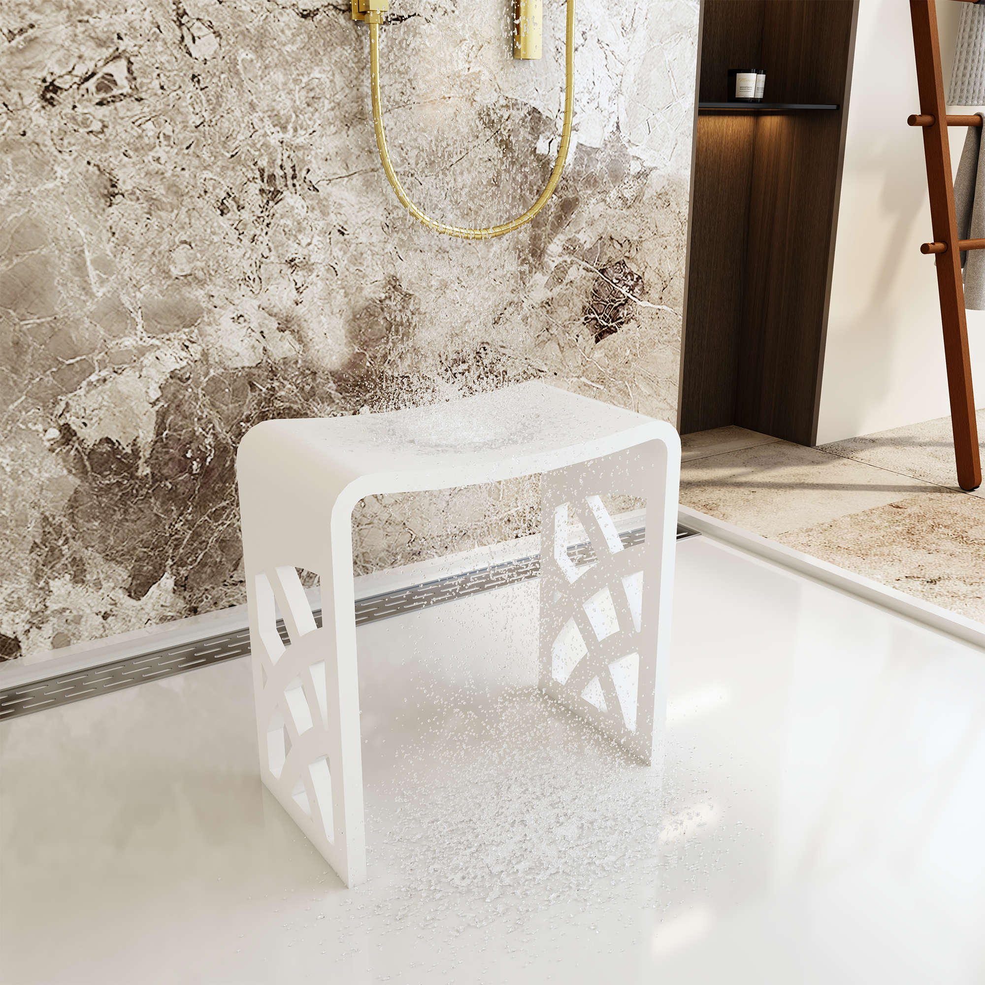 Chic Solid Surface Stone Bathroom Bench with Lattice Carved Legs