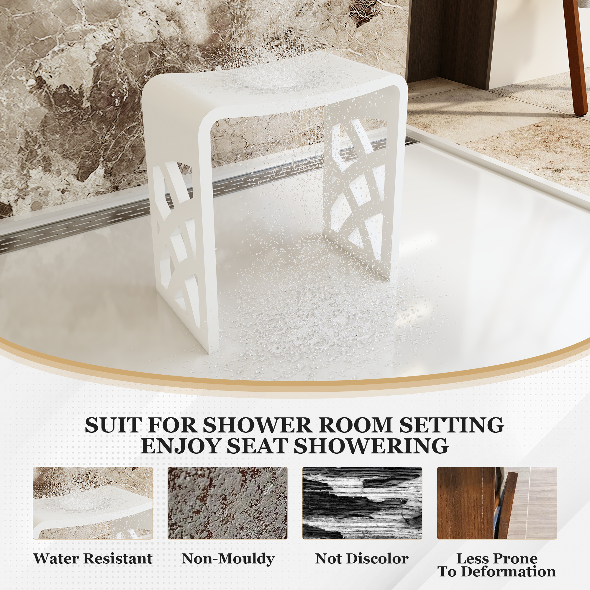 Chic Solid Surface Stone Bathroom Bench with Lattice Carved Legs