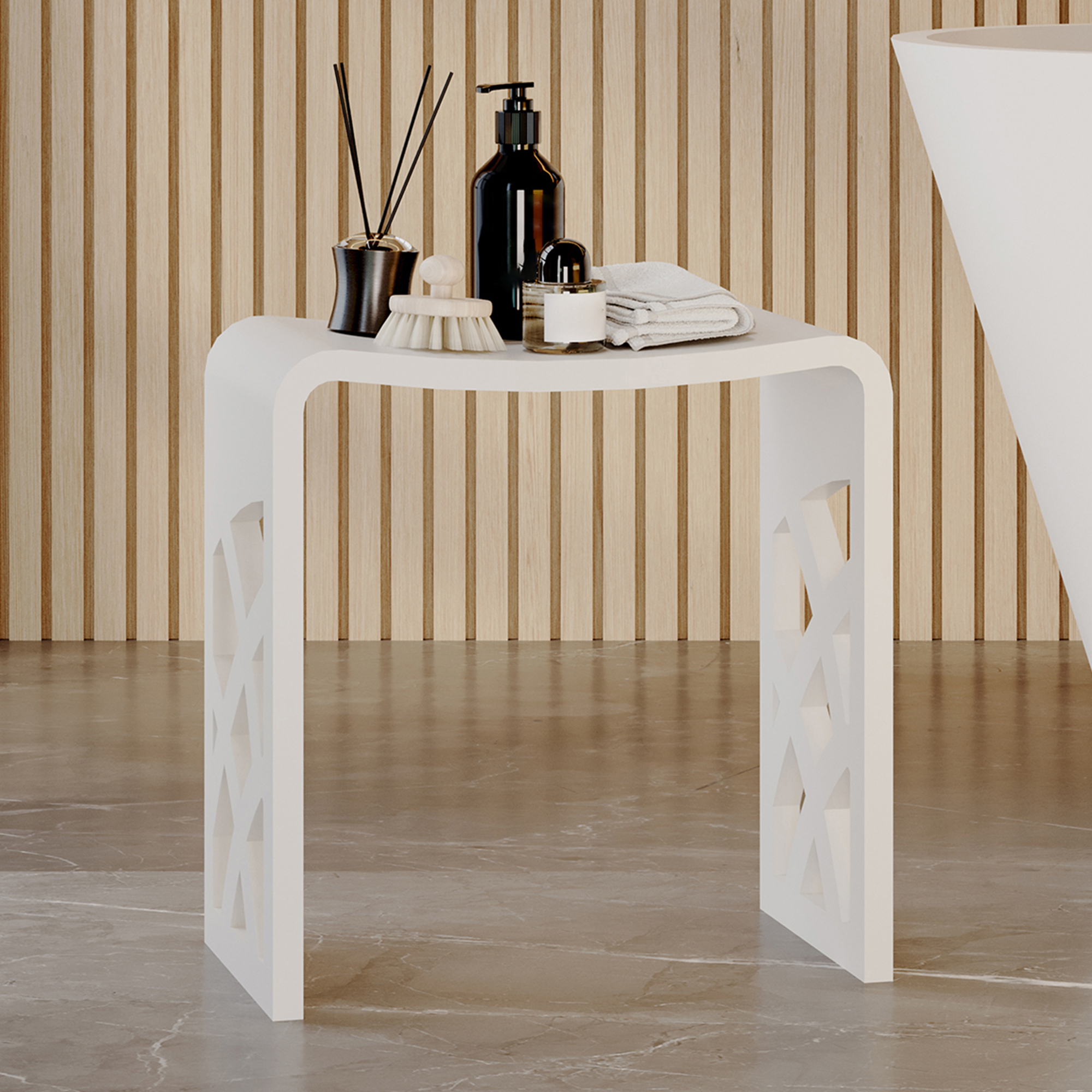 Chic Solid Surface Stone Bathroom Bench with Lattice Carved Legs