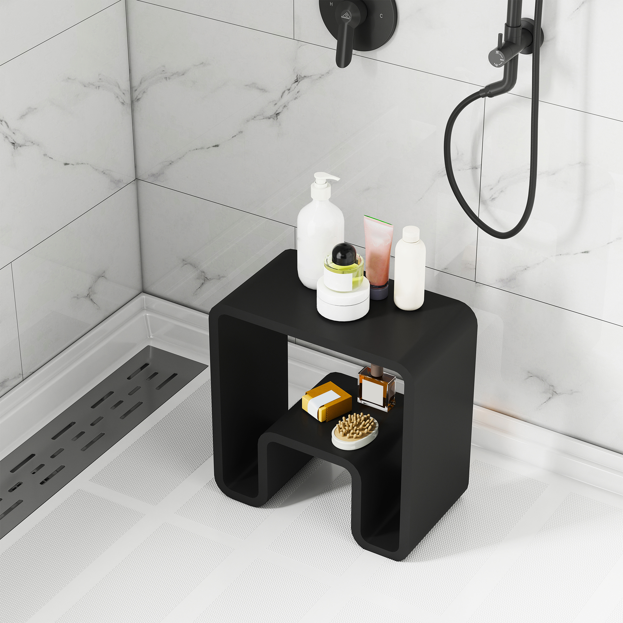 Solid Surface Freestanding Shower Stool with Wide Legs & Dual-Layer Design
