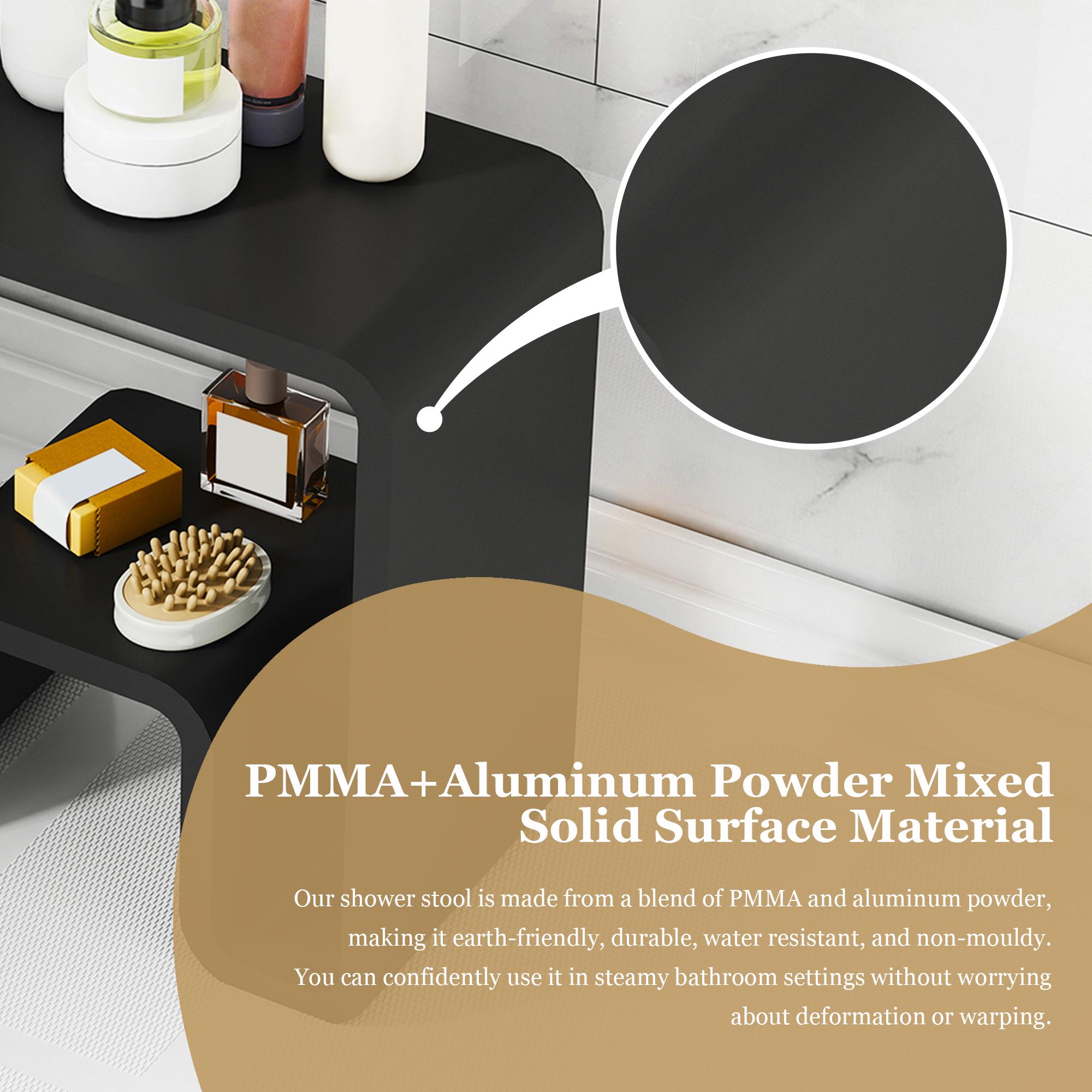 Solid Surface Freestanding Shower Stool with Wide Legs & Dual-Layer Design