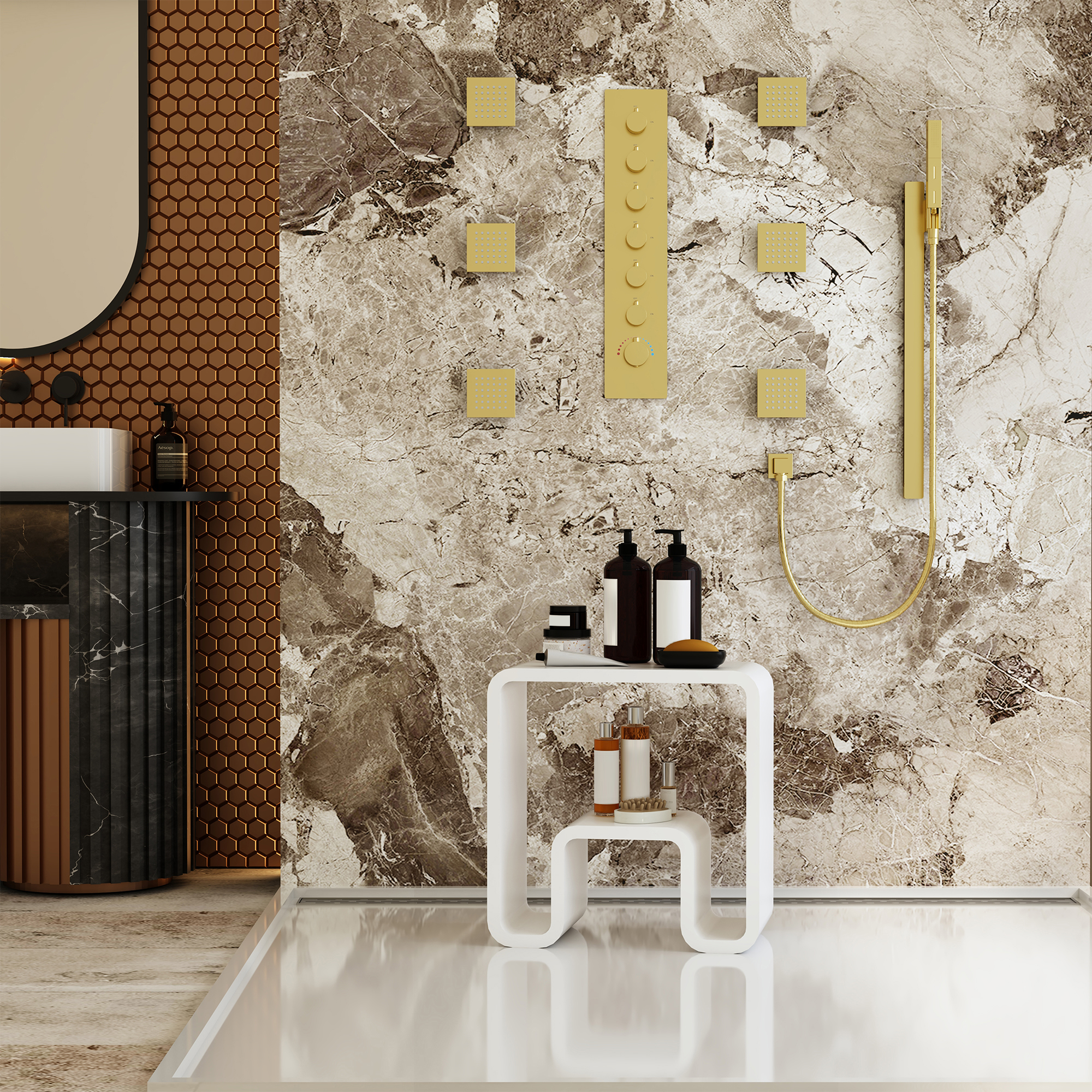 Solid Surface Freestanding Shower Stool with Wide Legs & Dual-Layer Design