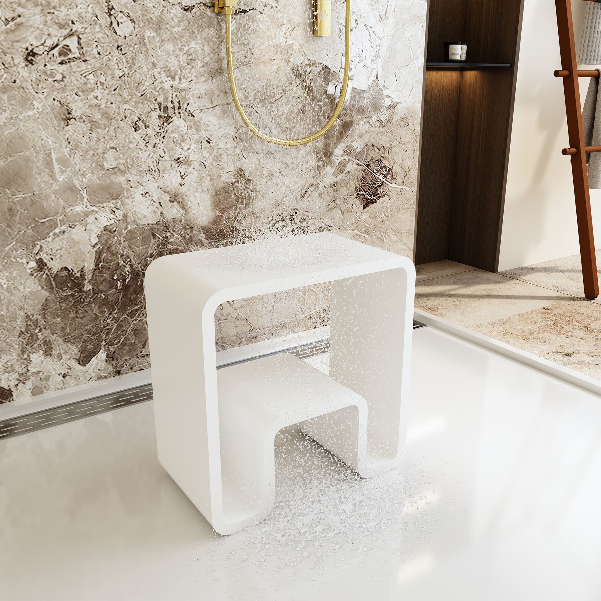 Solid Surface Freestanding Shower Stool with Wide Legs & Dual-Layer Design