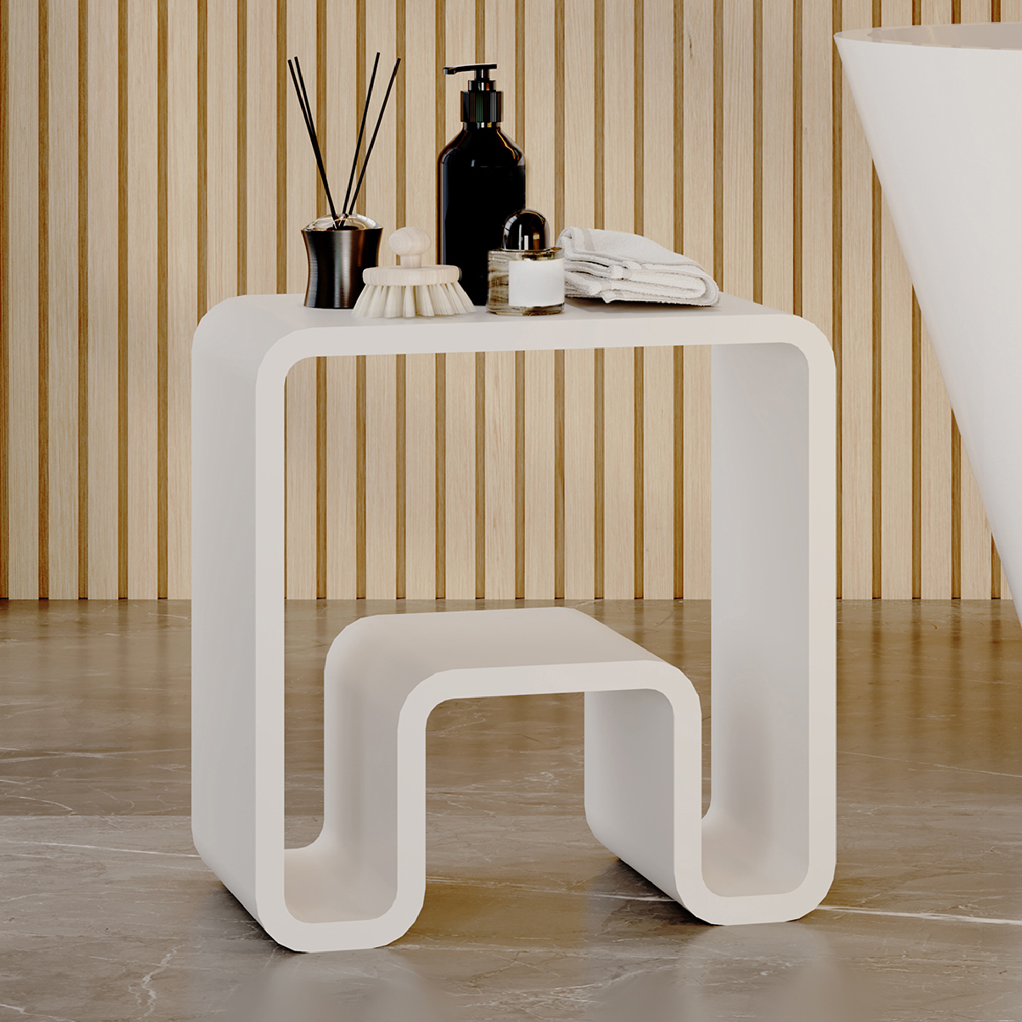 Solid Surface Freestanding Shower Stool with Wide Legs & Dual-Layer Design