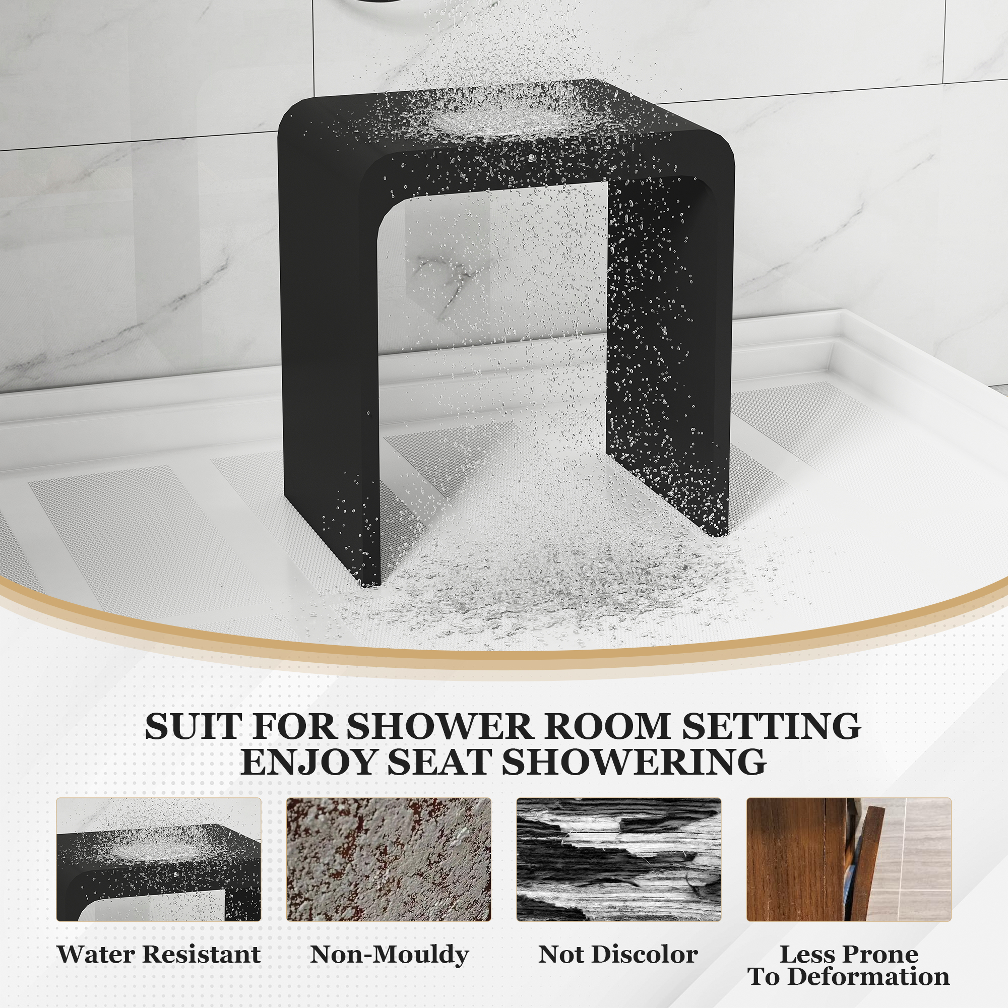 Solid Surface Bathroom Shower Stool with 1.77" Thickened Seat