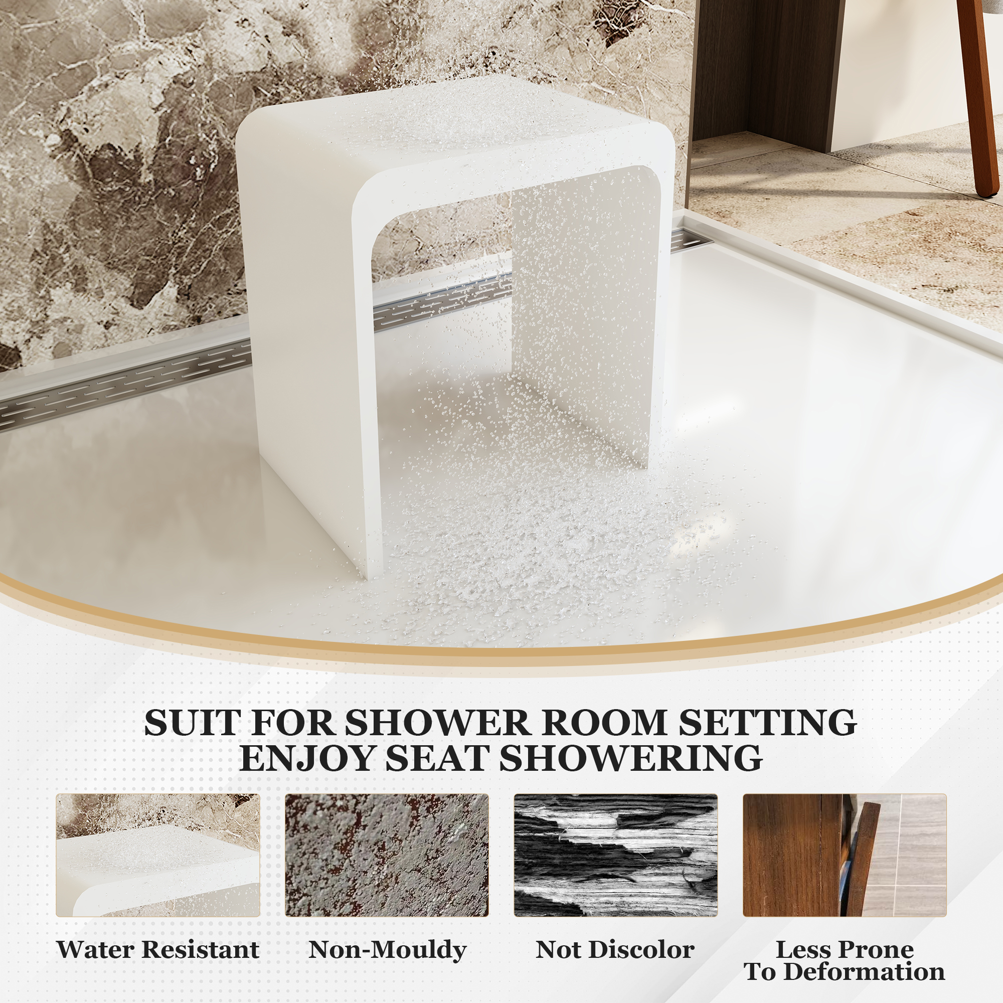 Solid Surface Bathroom Shower Stool with 1.77" Thickened Seat