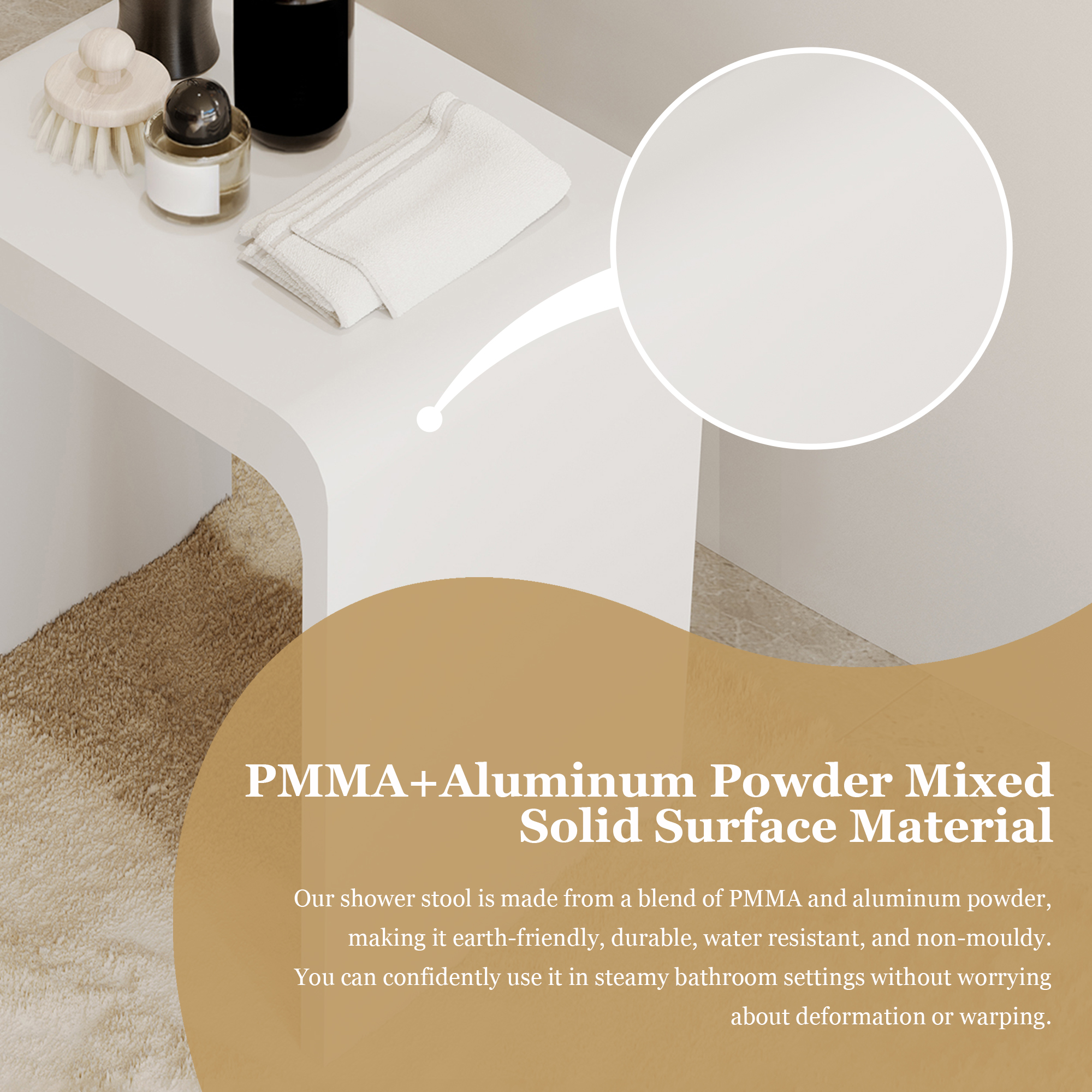 Solid Surface Bathroom Shower Stool with 1.77" Thickened Seat