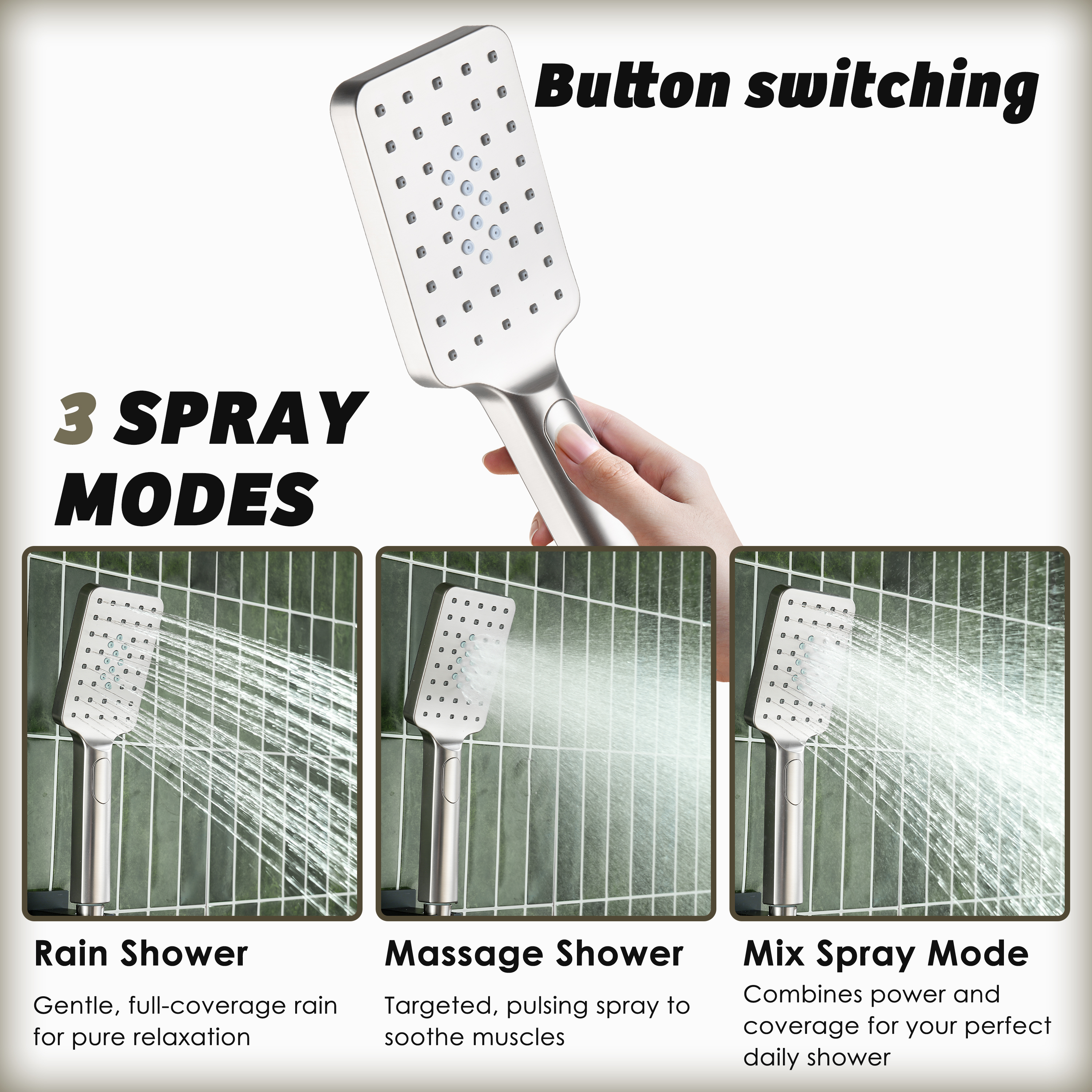 3-Function Handheld Shower Head with Rain & Massage Spray