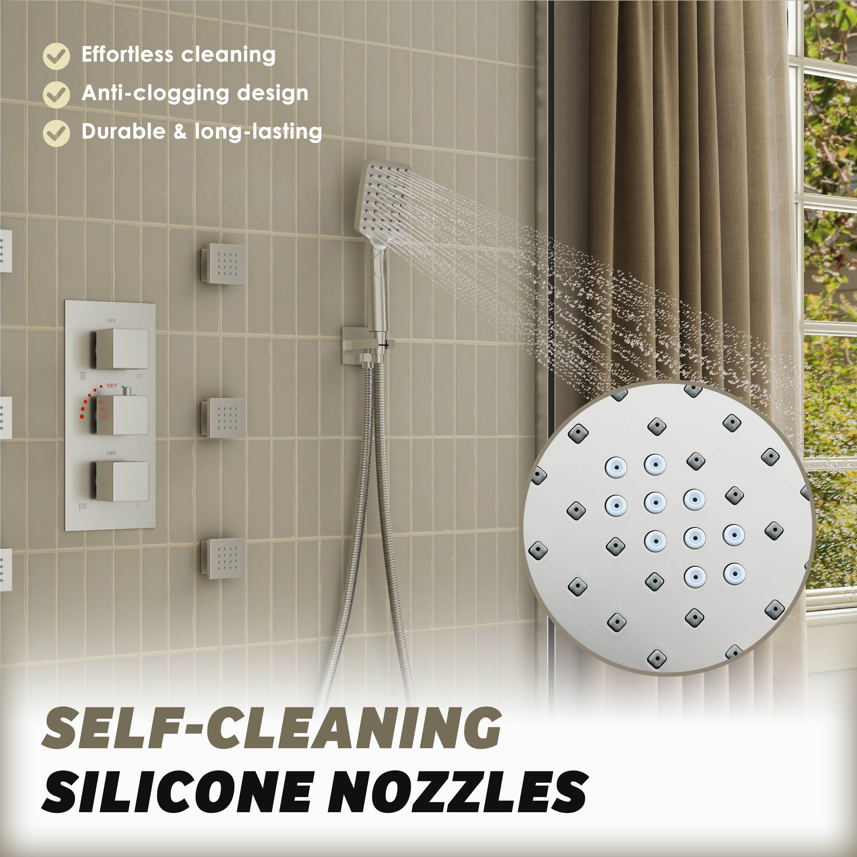 3-Function Handheld Shower Head with Rain & Massage Spray