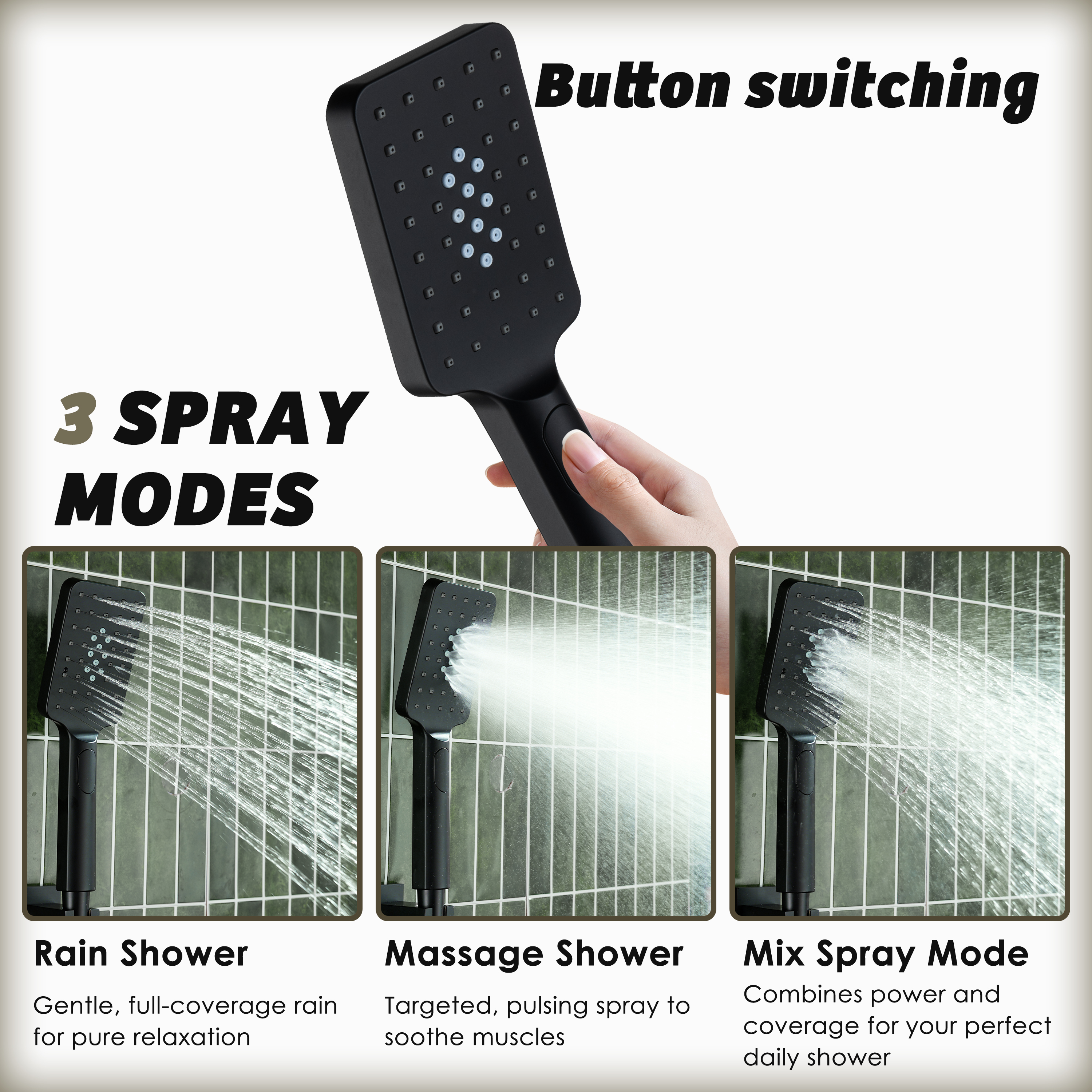 3-Function Handheld Shower Head with Rain & Massage Spray