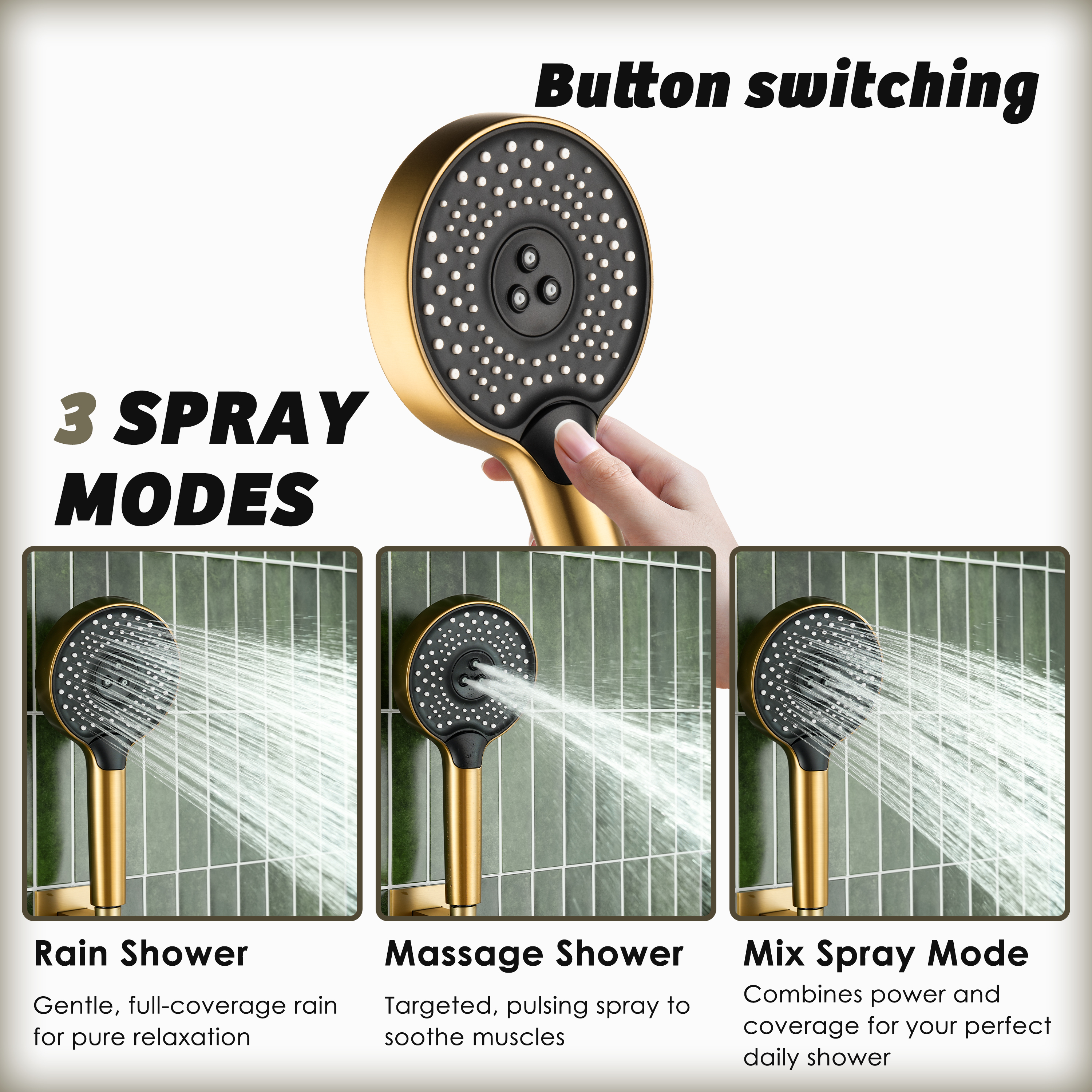 3-Function Handheld Shower Head with Rain & Massage Spray