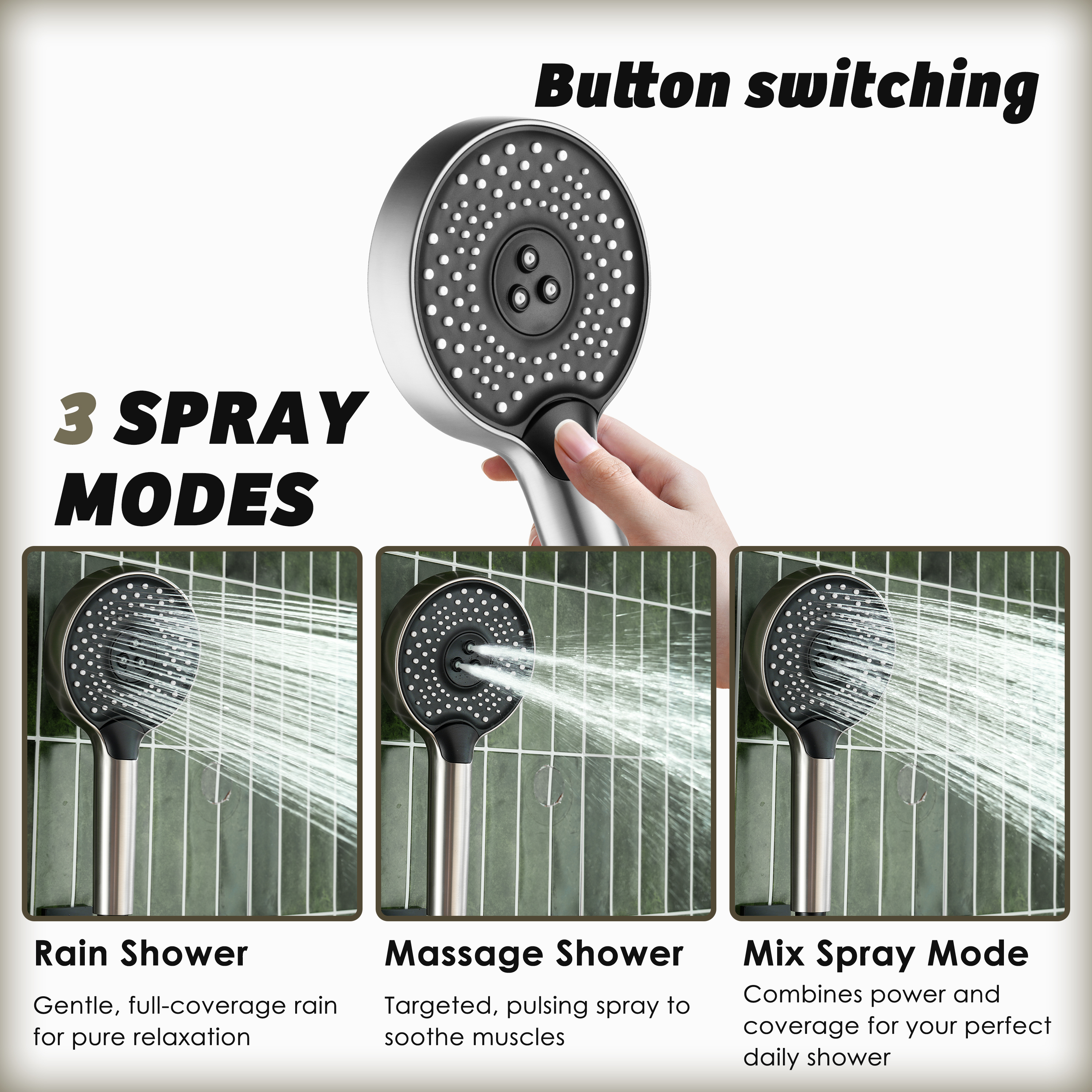 3-Function Handheld Shower Head with Rain & Massage Spray
