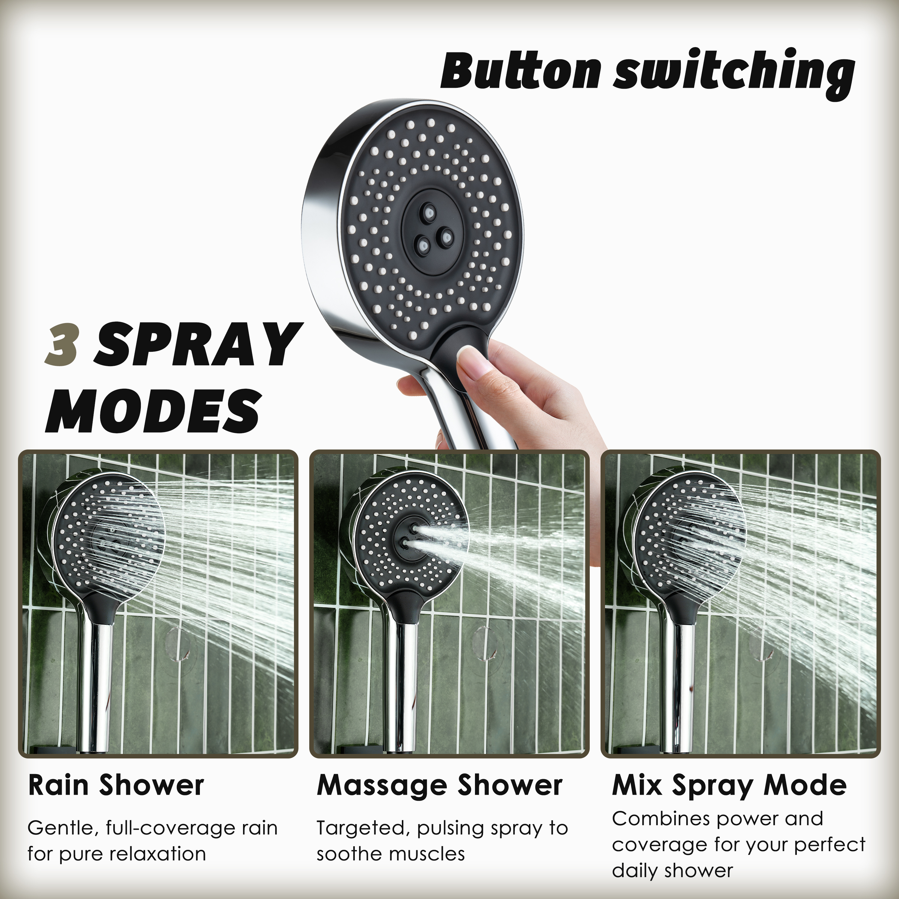 3-Function Handheld Shower Head with Rain & Massage Spray