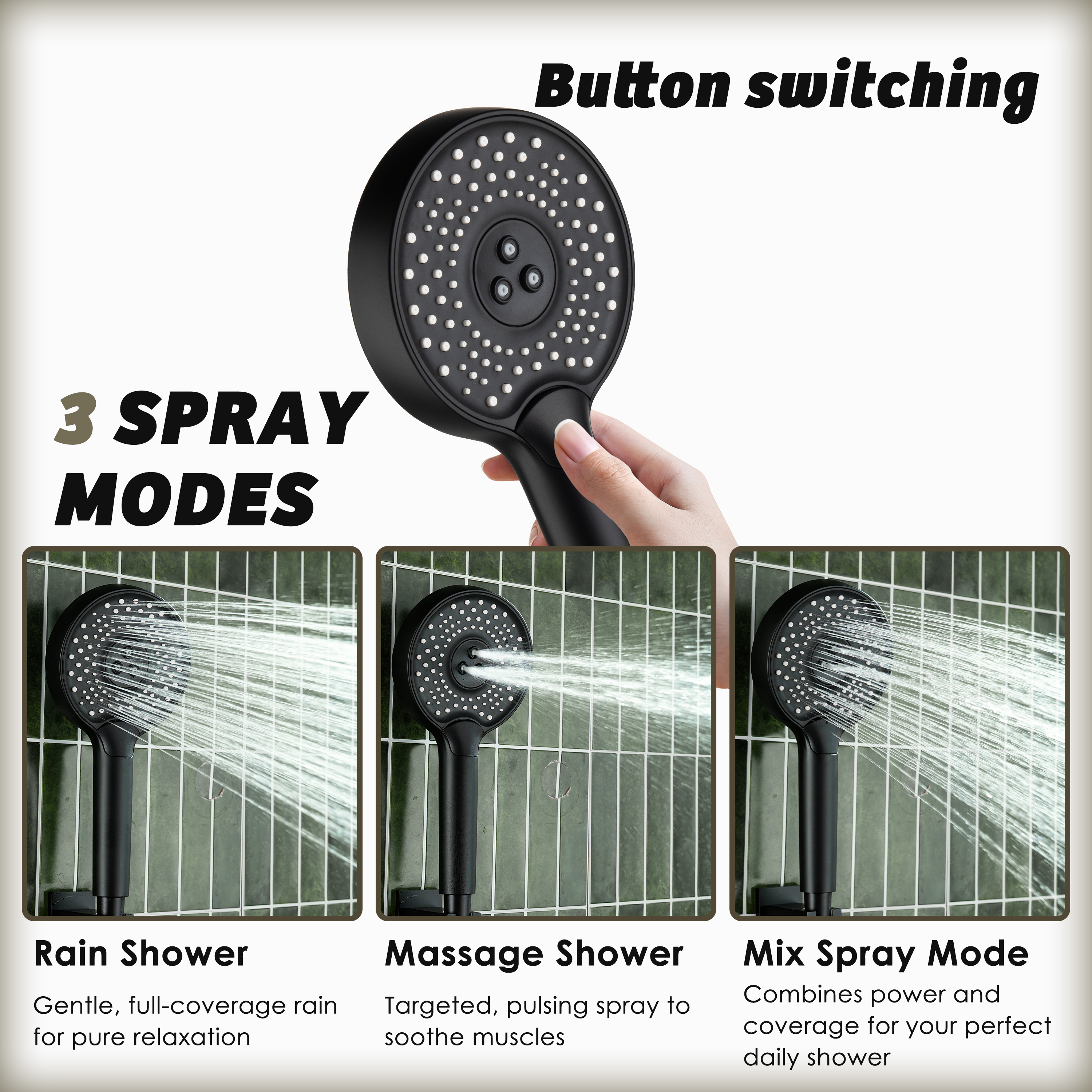 3-Function Handheld Shower Head with Rain & Massage Spray