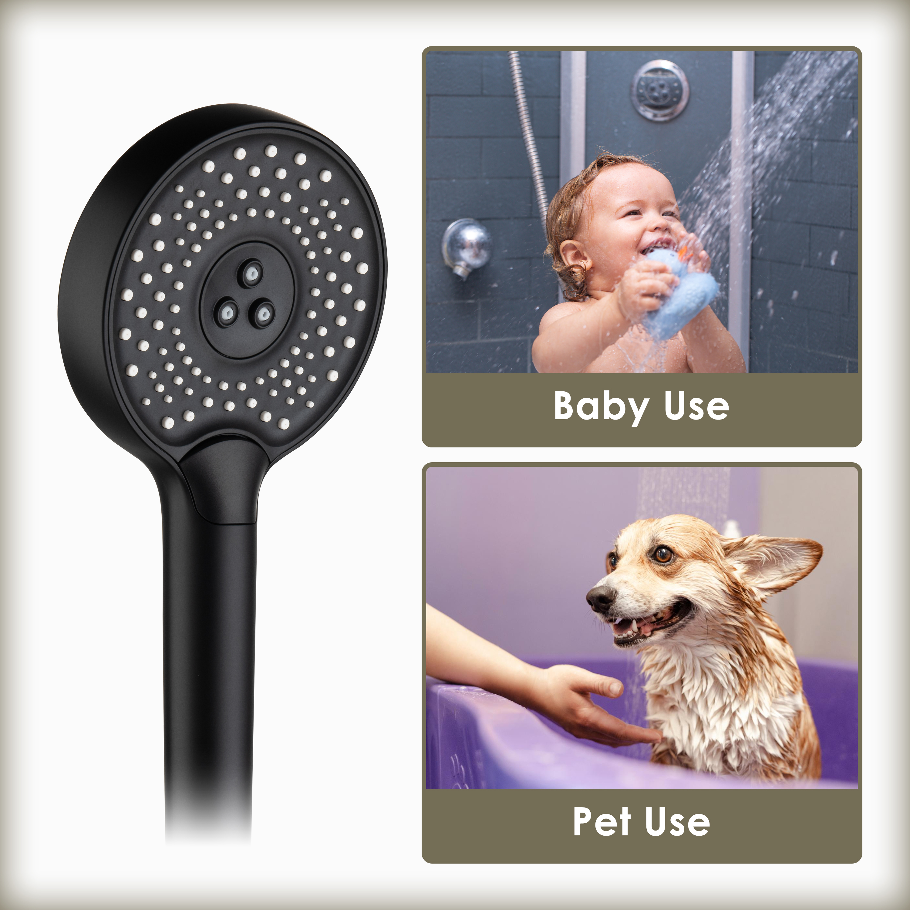 3-Function Handheld Shower Head with Rain & Massage Spray