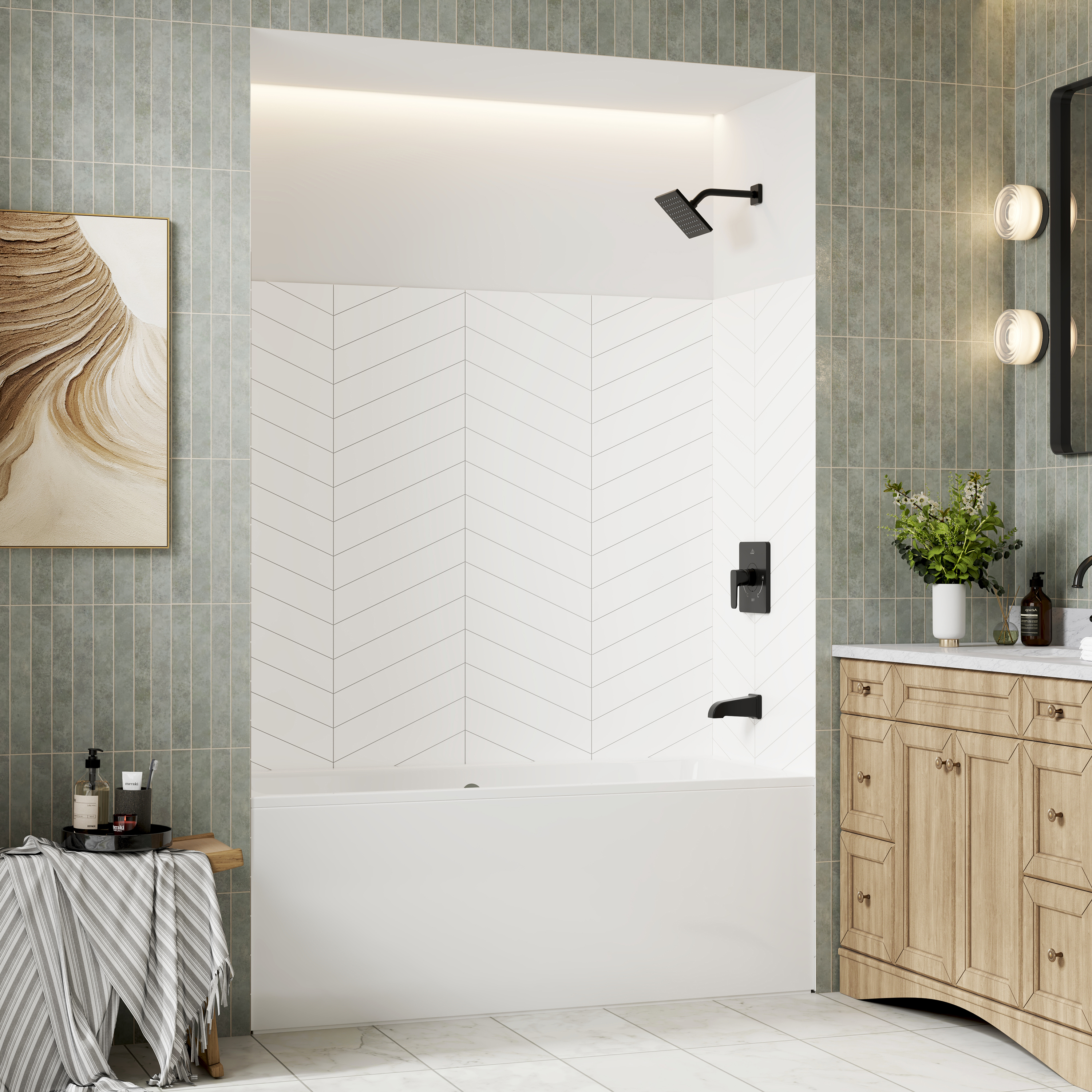 V-Shaped Herringbone SMC Shower Wall Panels with Waterproof & Easy Install