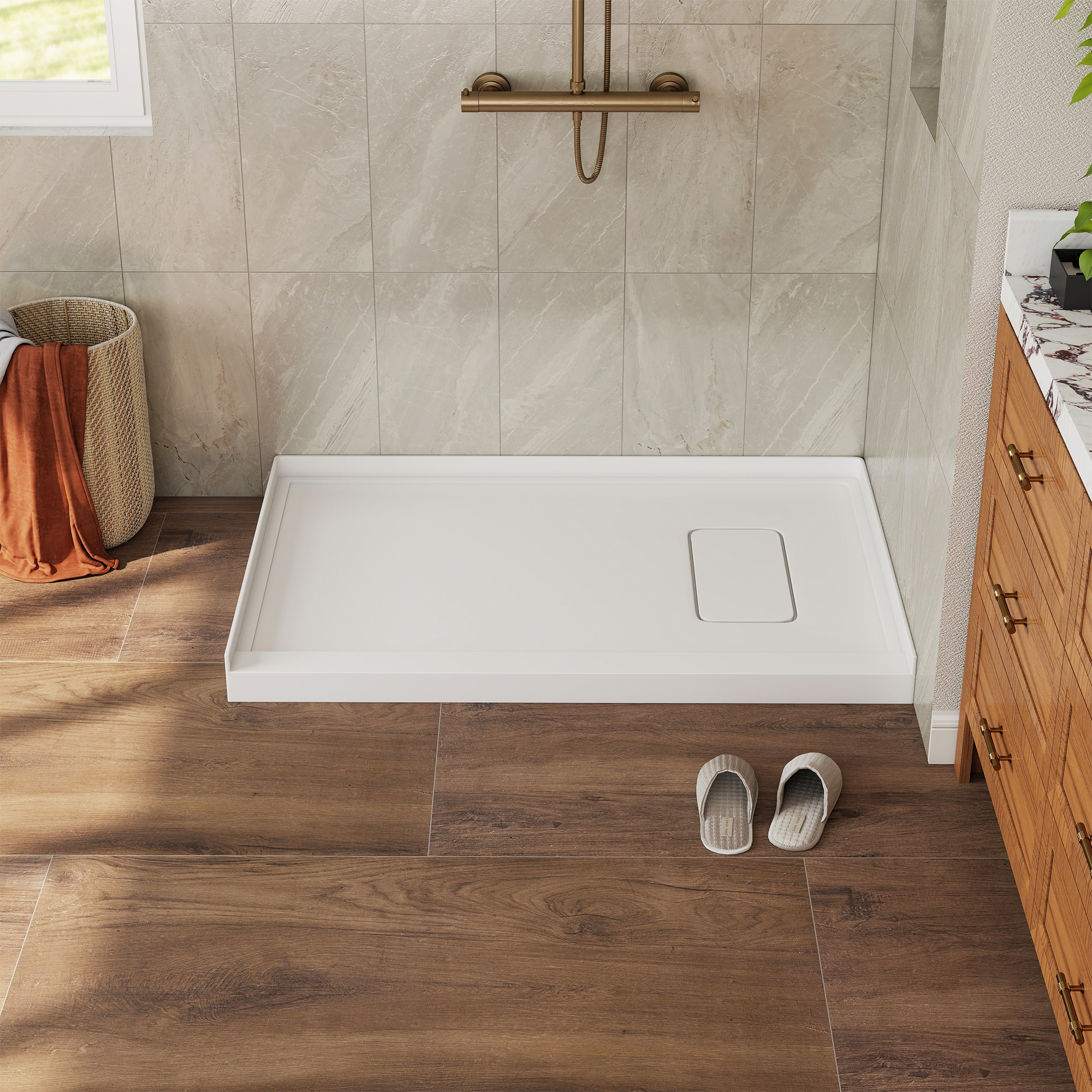 48"x32" Ultra Arma Stone Solid Surface Shower Base with Right Drain