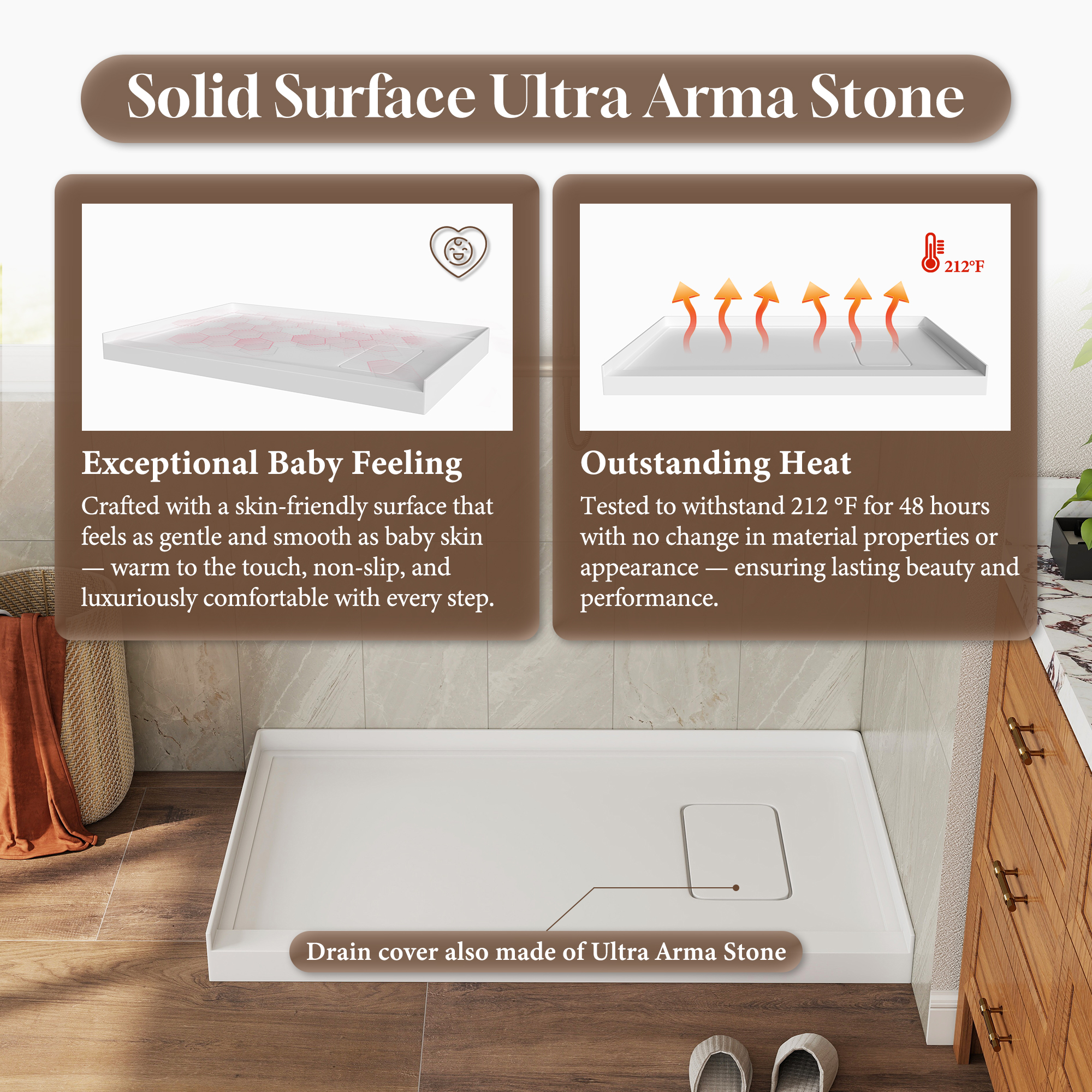 48"x32" Ultra Arma Stone Solid Surface Shower Base with Right Drain