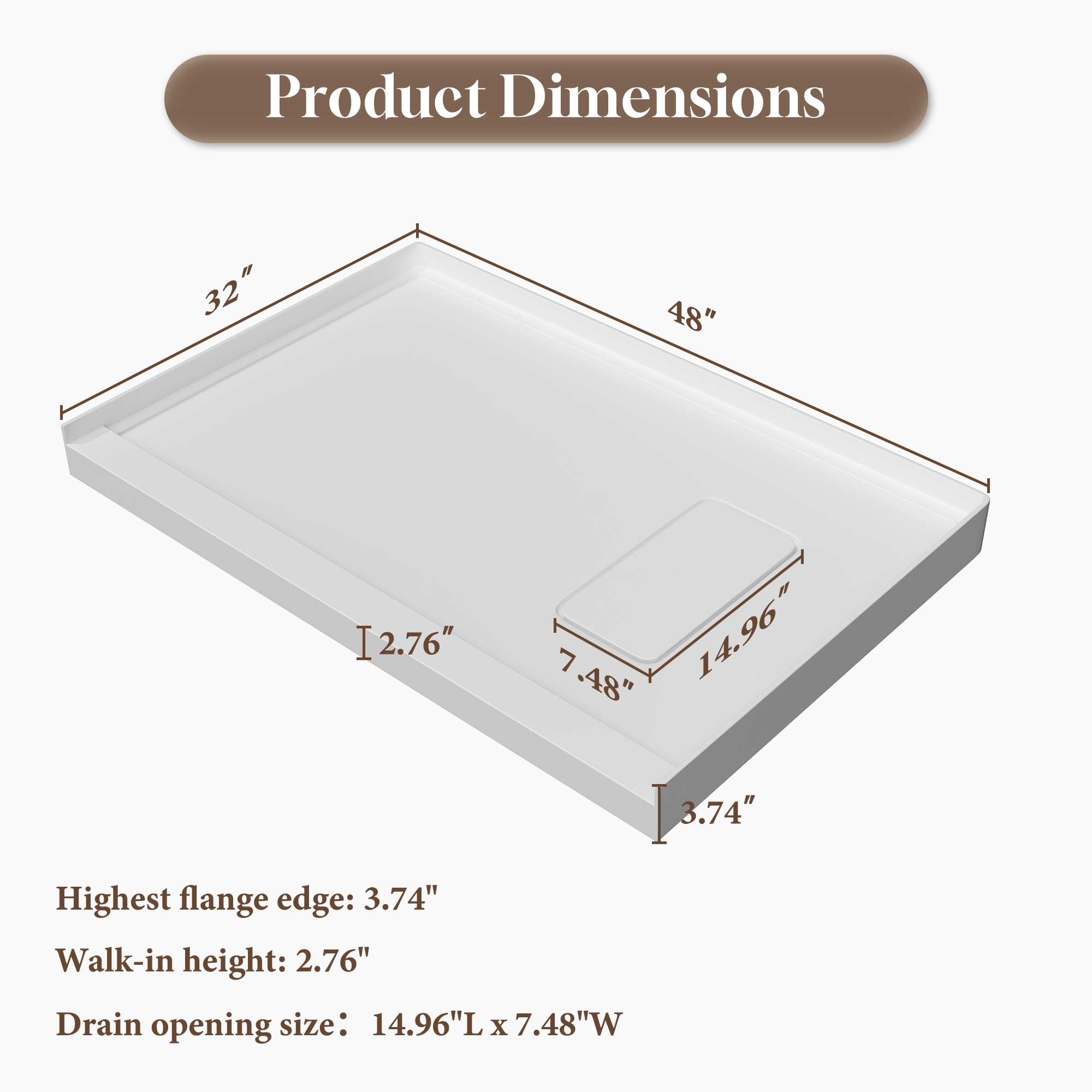 48"x32" Ultra Arma Stone Solid Surface Shower Base with Right Drain