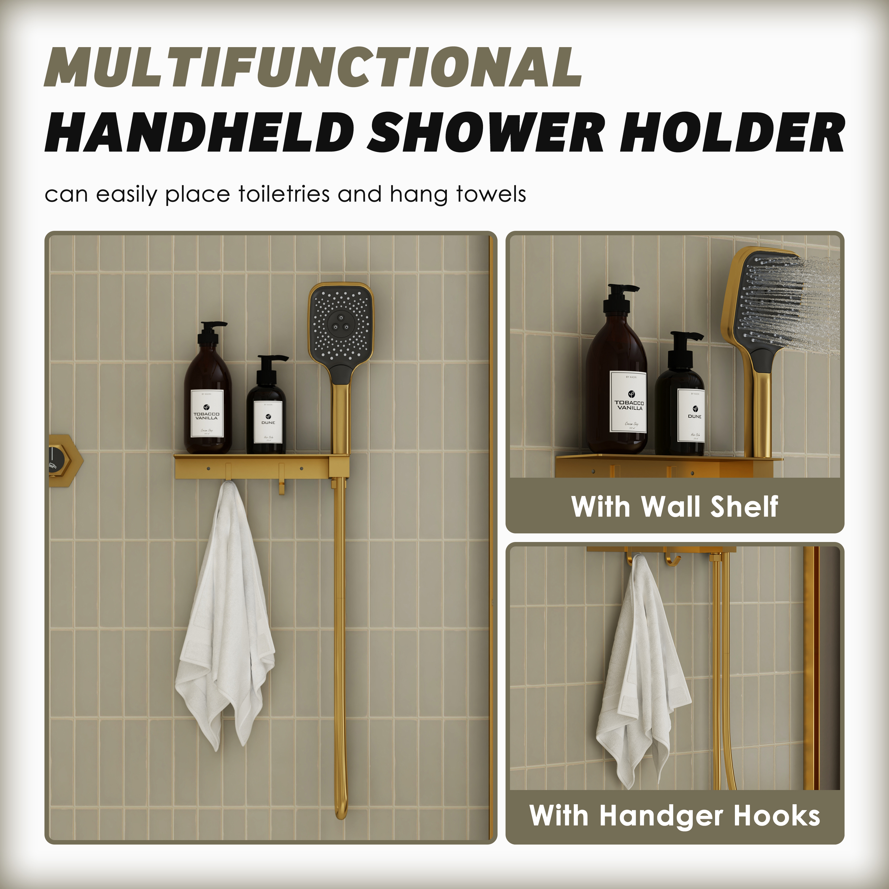 2-in-1 Handheld Shower Holder with Storage Shelf & Hooks