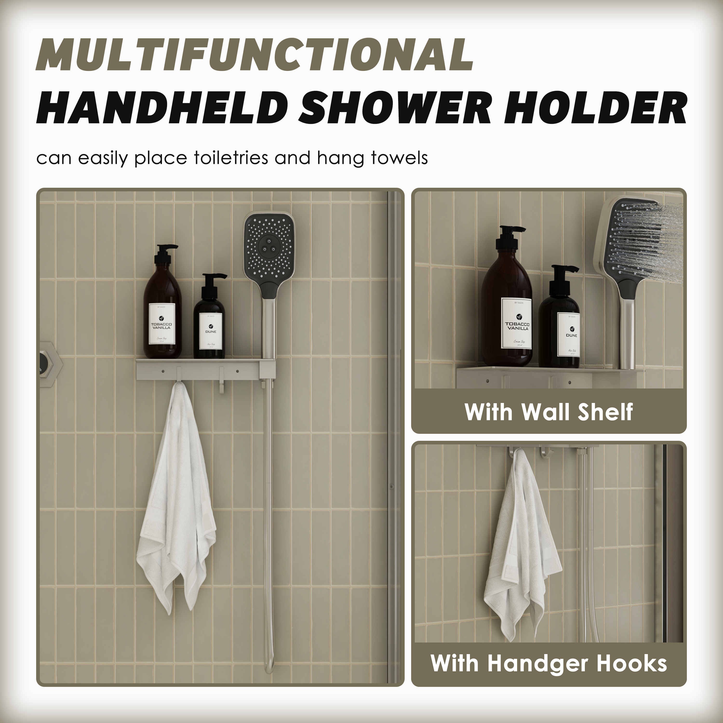 2-in-1 Handheld Shower Holder with Storage Shelf & Hooks