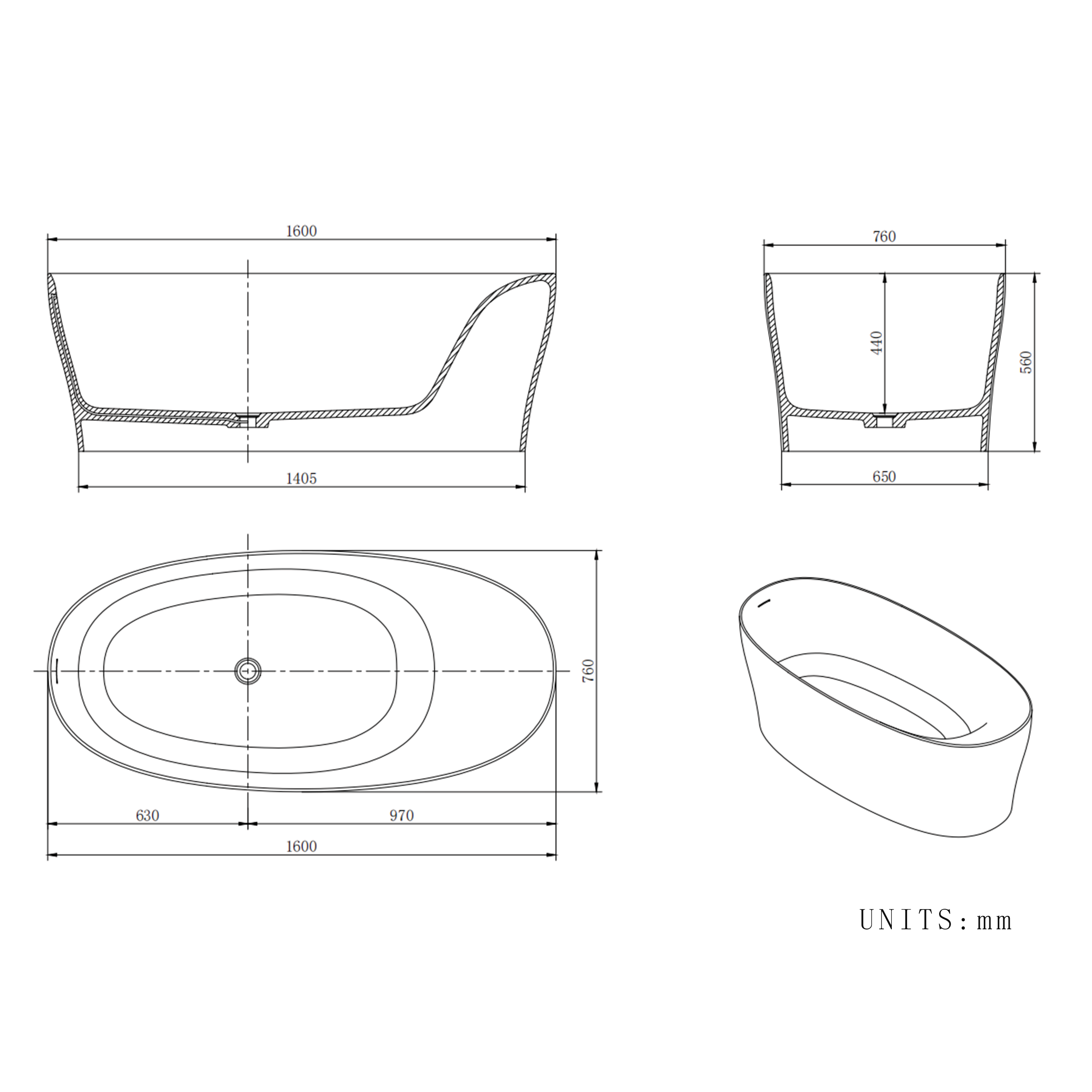 63" Wood Grain Solid Surface Freestanding Bathtub with Ergonomic Back Support