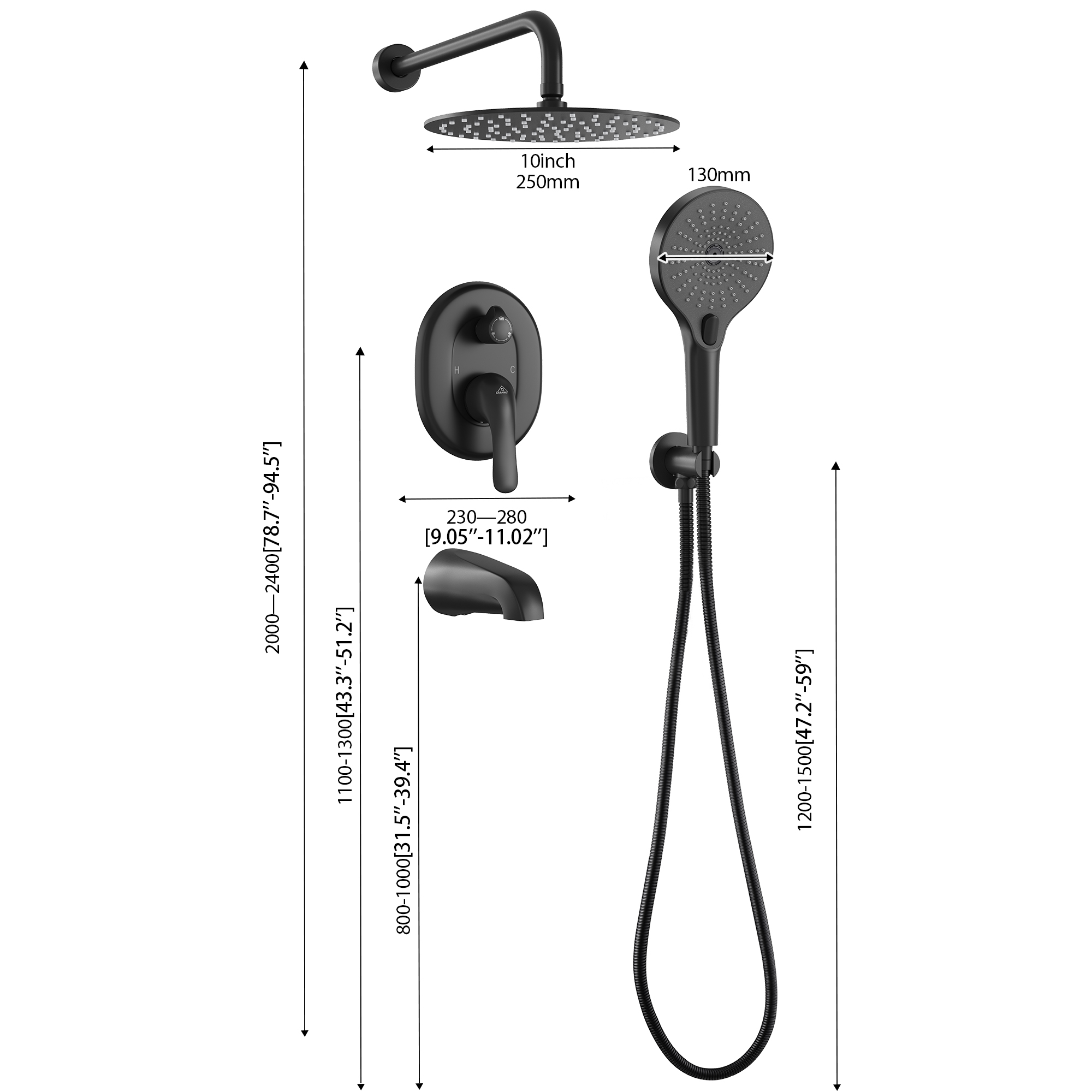10" Wall-Mounted Rainfall Shower System with Handheld & Tub Spout