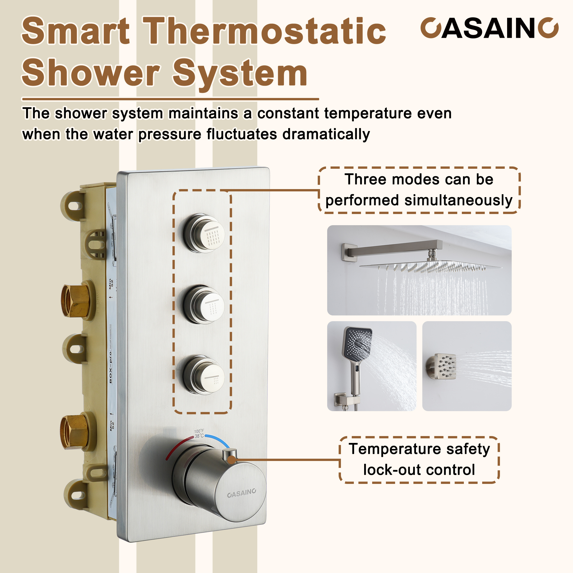 12'' Shower System With 3-Function Shower Head & 6 Body Jets