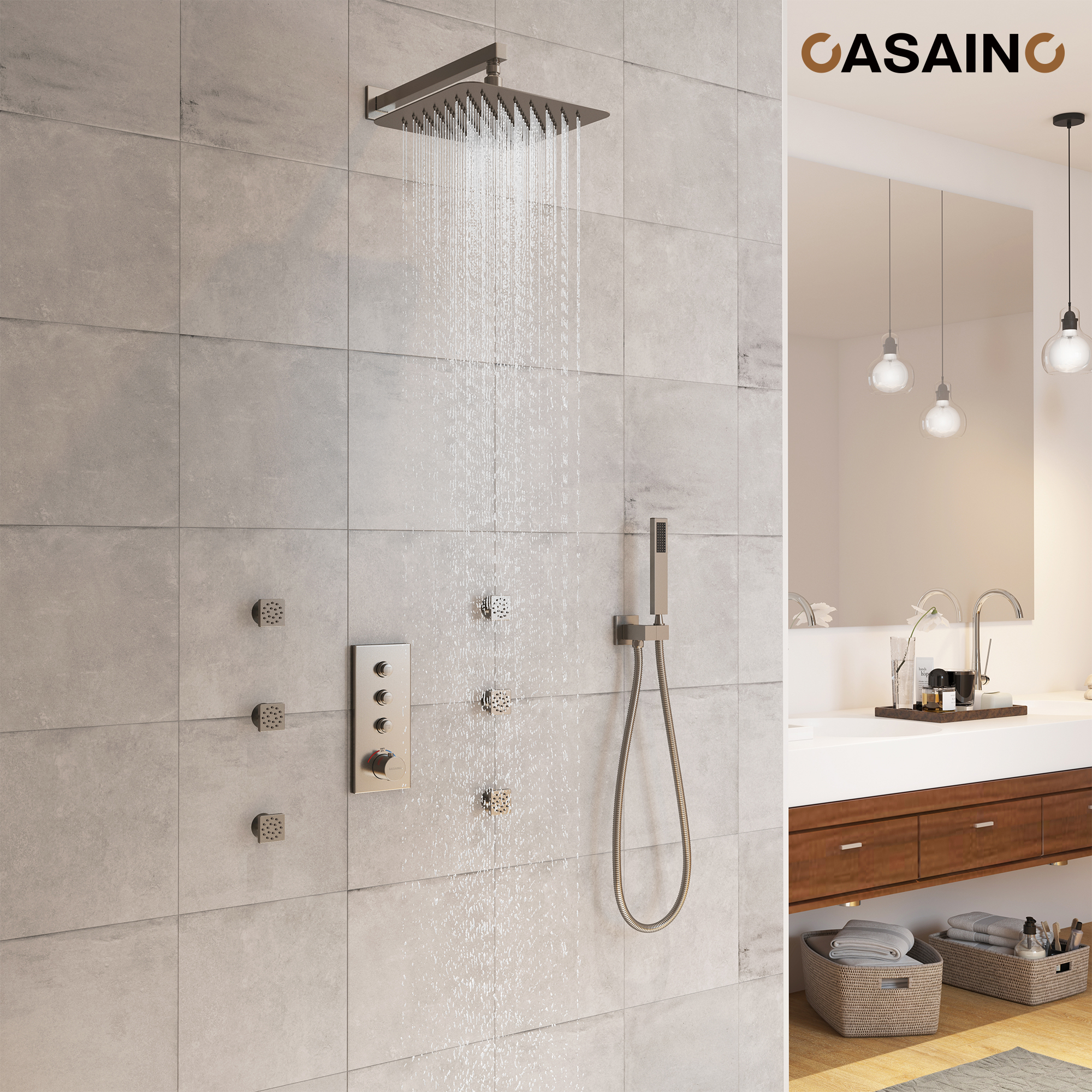 12'' Thermostatic Luxury Rainfall Shower System With 6 Body Jets