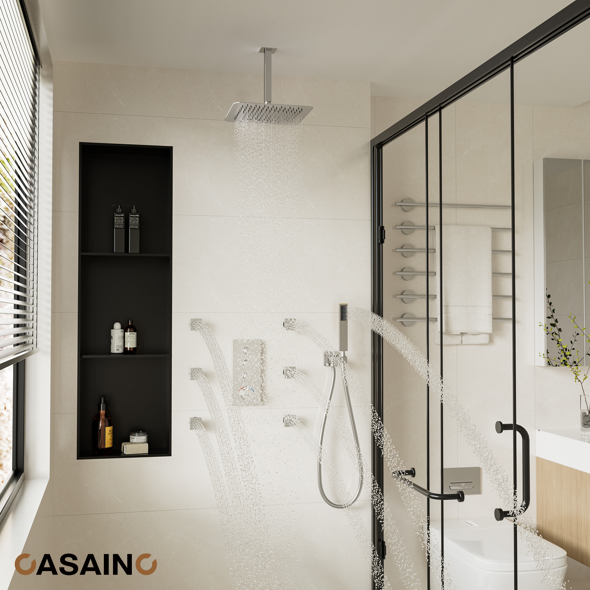 12'' Thermostatic Luxury Rainfall Shower System With 6 Body Jets