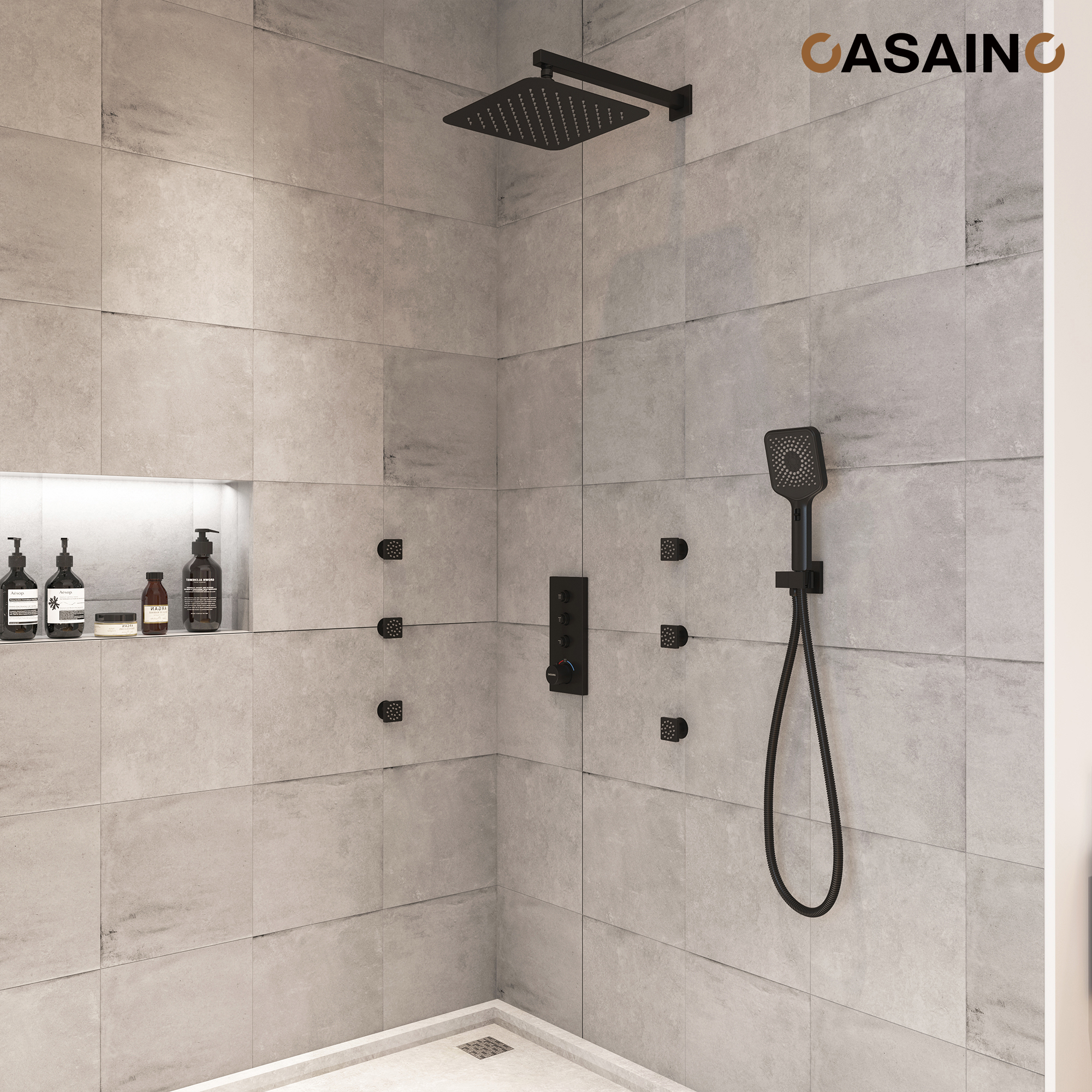 12'' Shower System With 3-Function Shower Head & 6 Body Jets