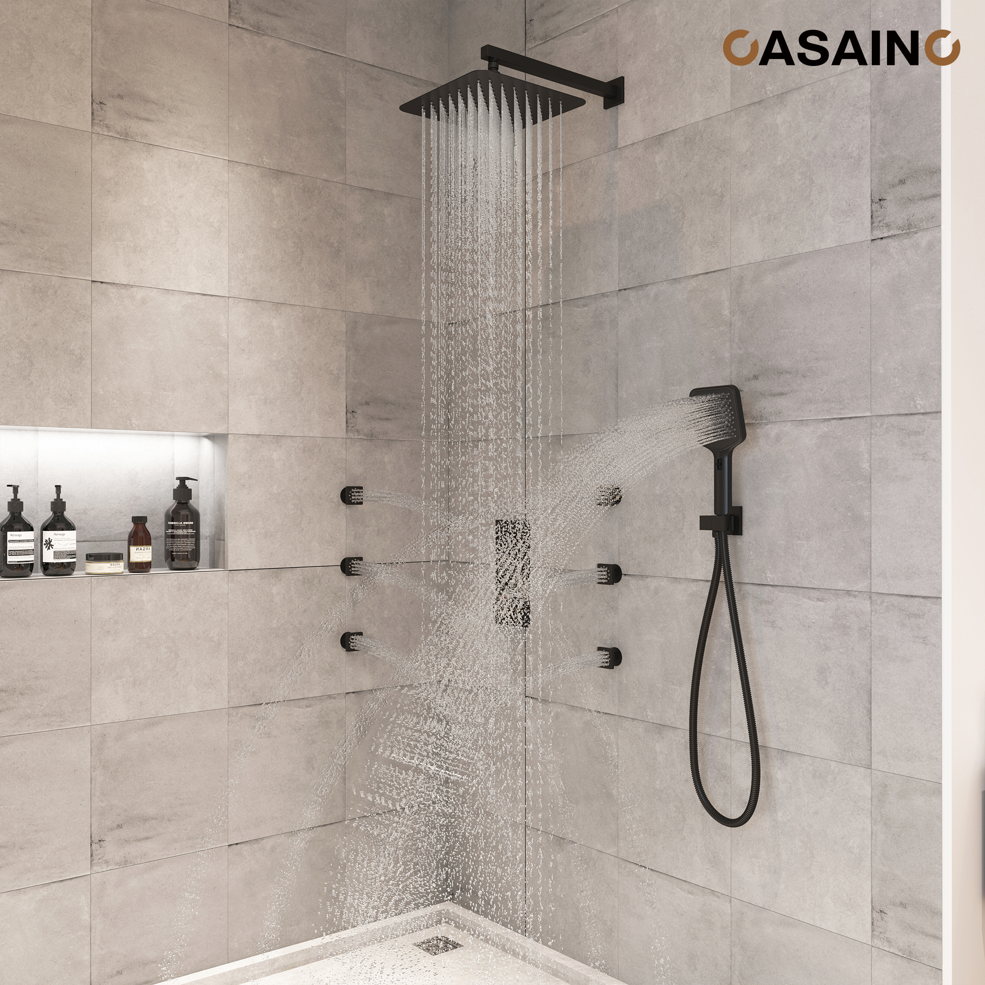 12'' Shower System With 3-Function Shower Head & 6 Body Jets