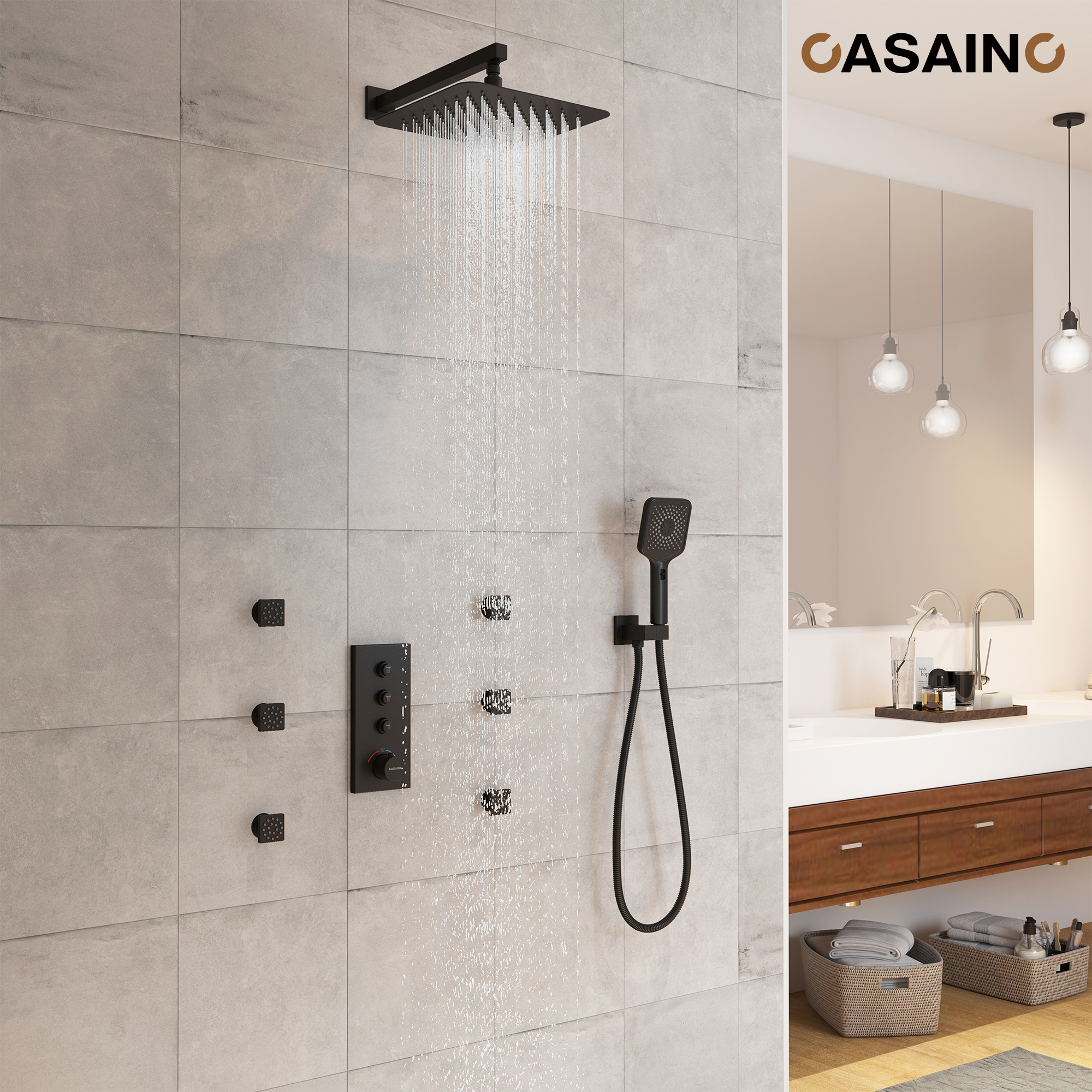 12'' Shower System With 3-Function Shower Head & 6 Body Jets