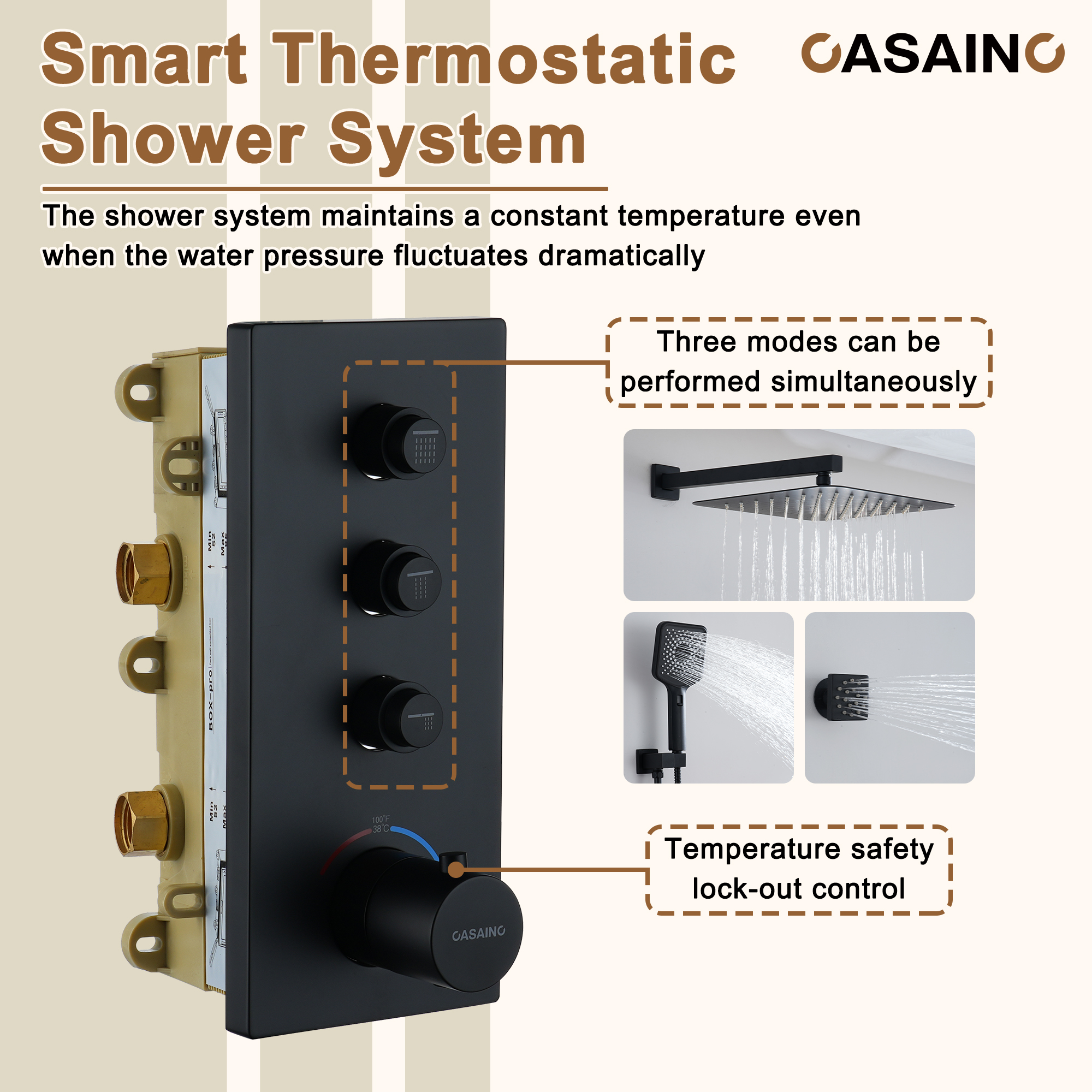 12'' Shower System With 3-Function Shower Head & 6 Body Jets