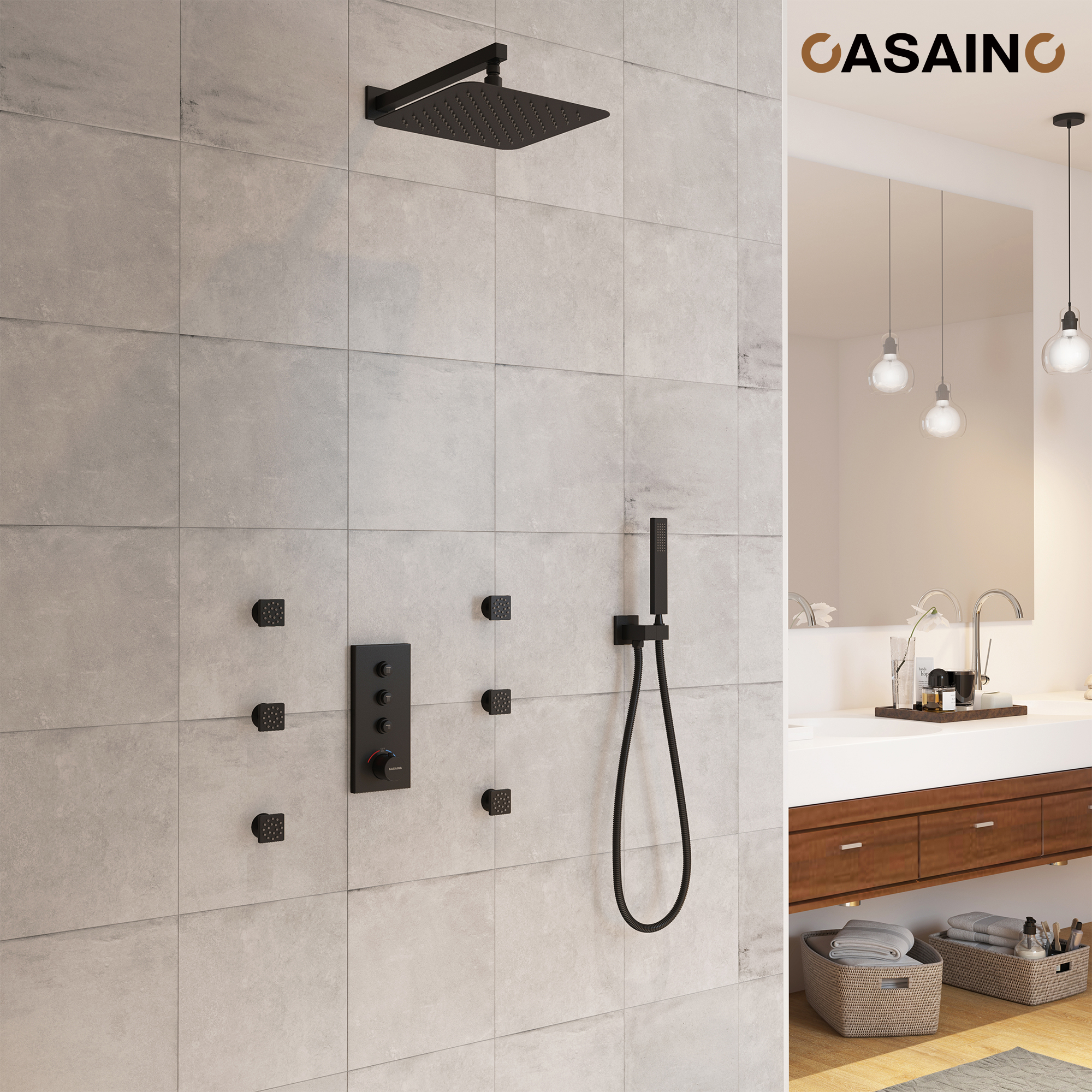 12'' Thermostatic Luxury Rainfall Shower System With 6 Body Jets