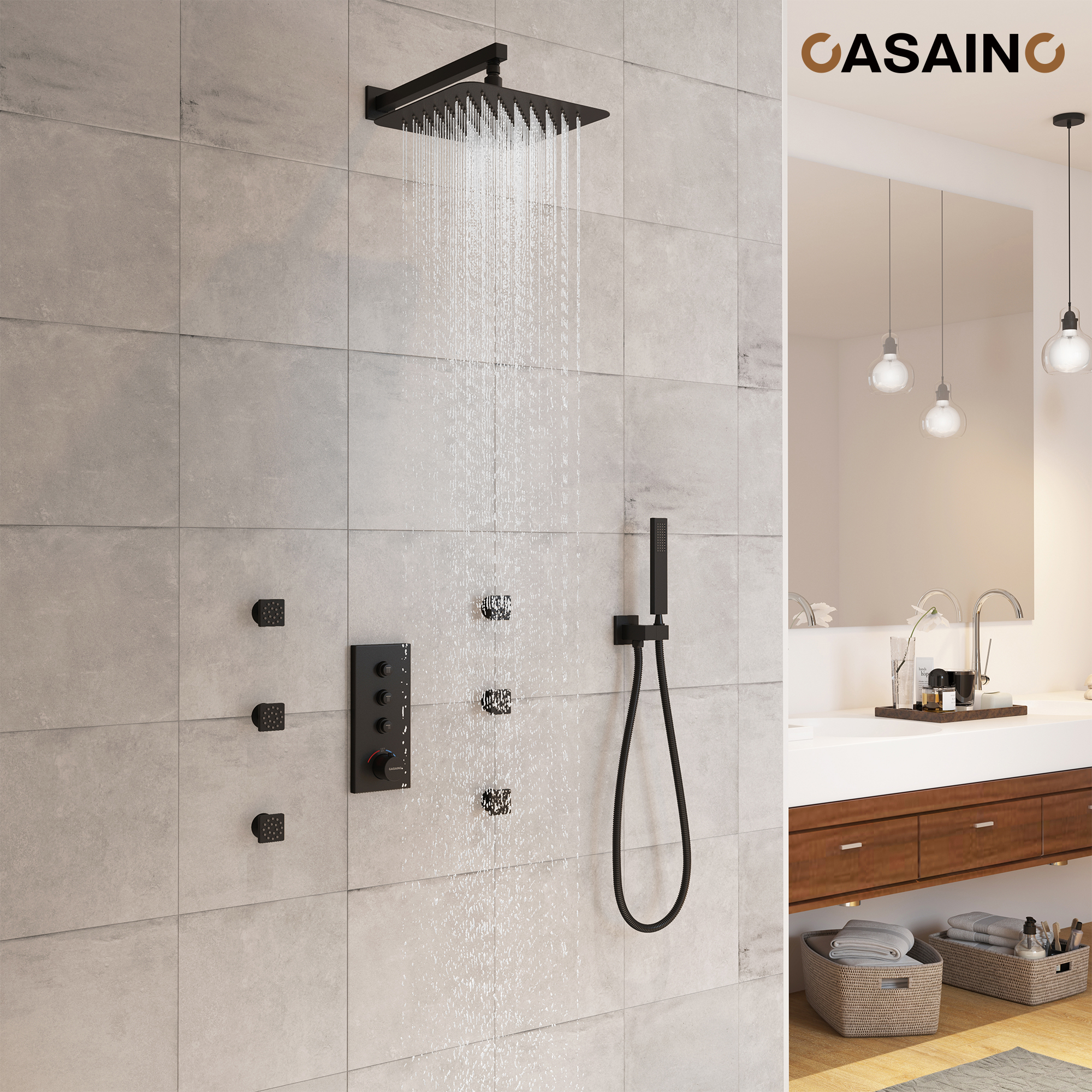 12'' Thermostatic Luxury Rainfall Shower System With 6 Body Jets