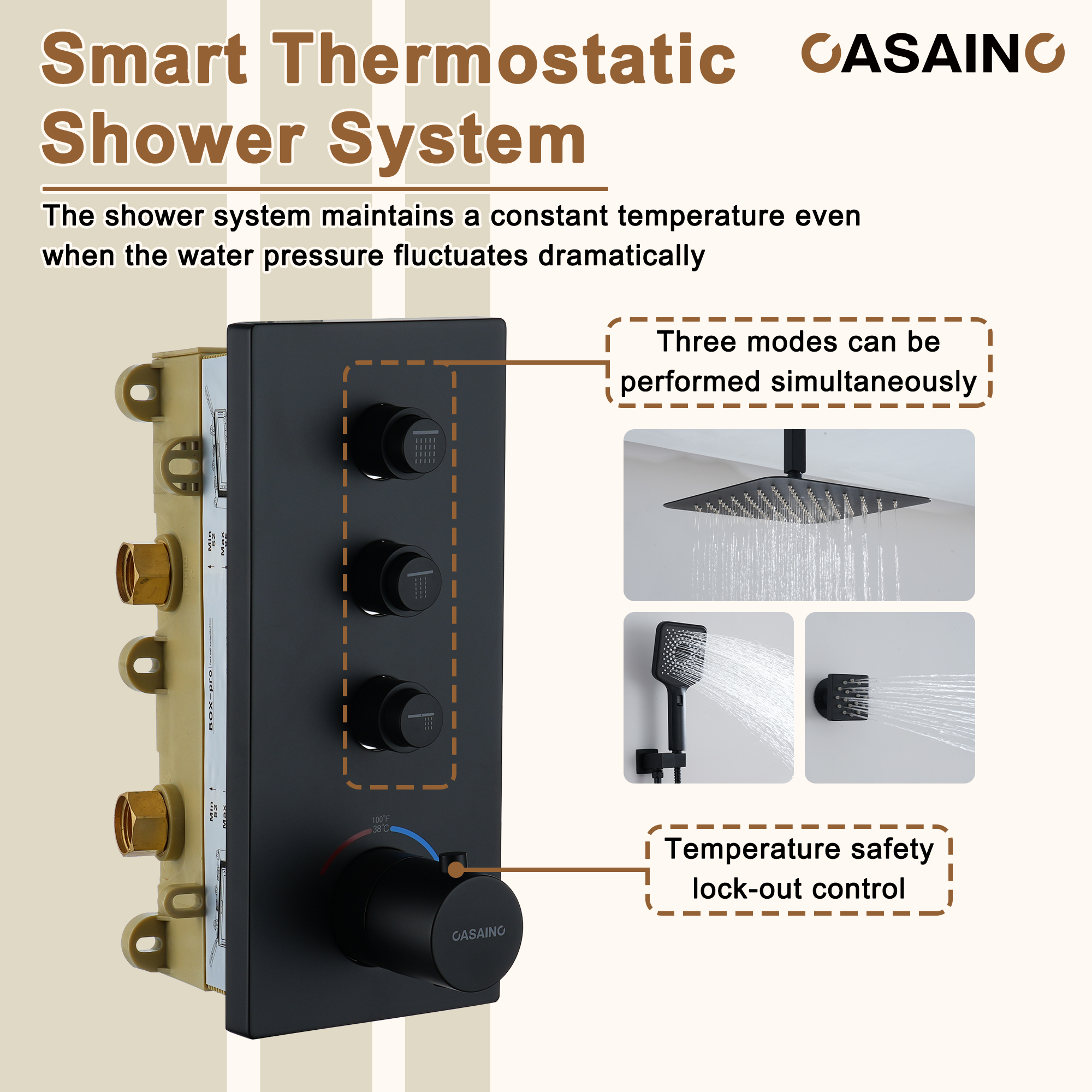 12'' Shower System With 3-Function Shower Head & 6 Body Jets