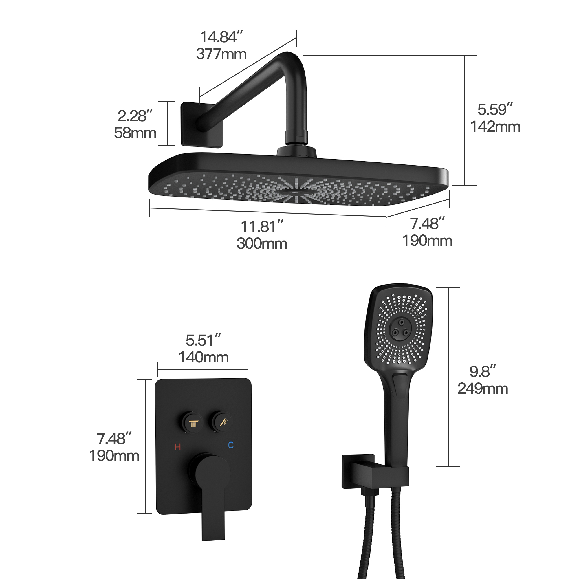 12" x 8" Wall-Mounted Dual-Function Shower System with Hand Shower