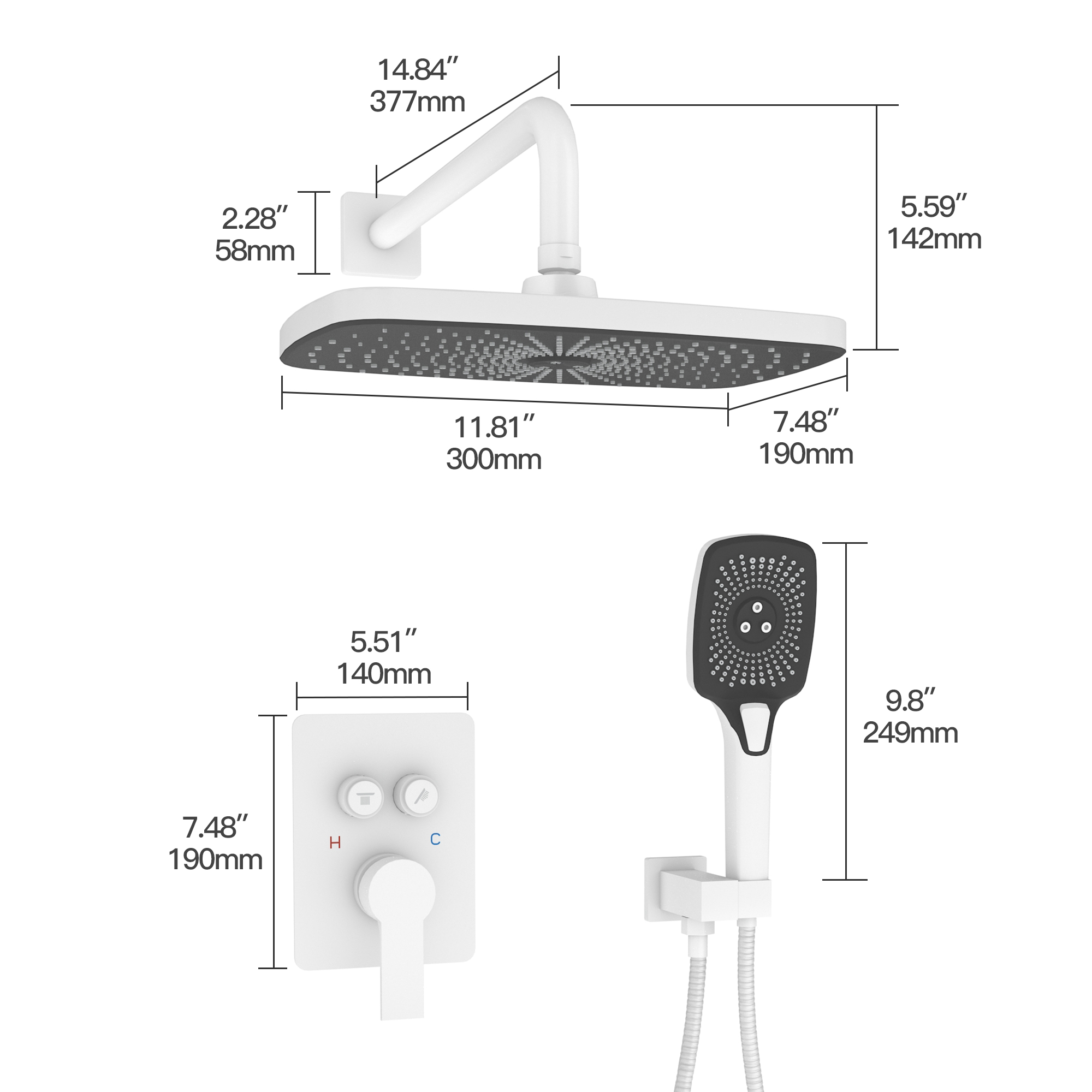 12" x 8" Wall-Mounted Dual-Function Shower System with Hand Shower