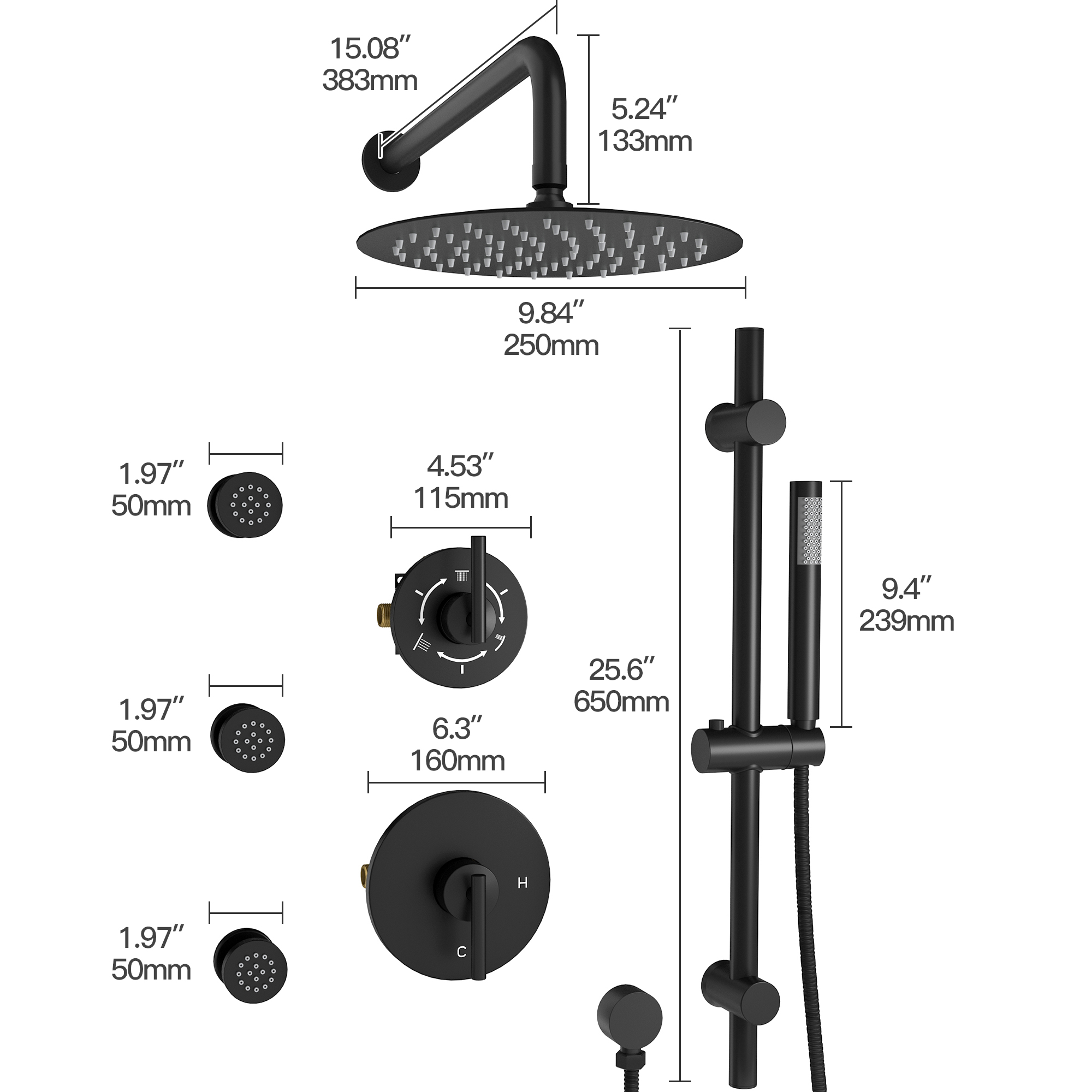 10" Wall-Mounted Rain Shower System with Body Jets & Slide Bar
