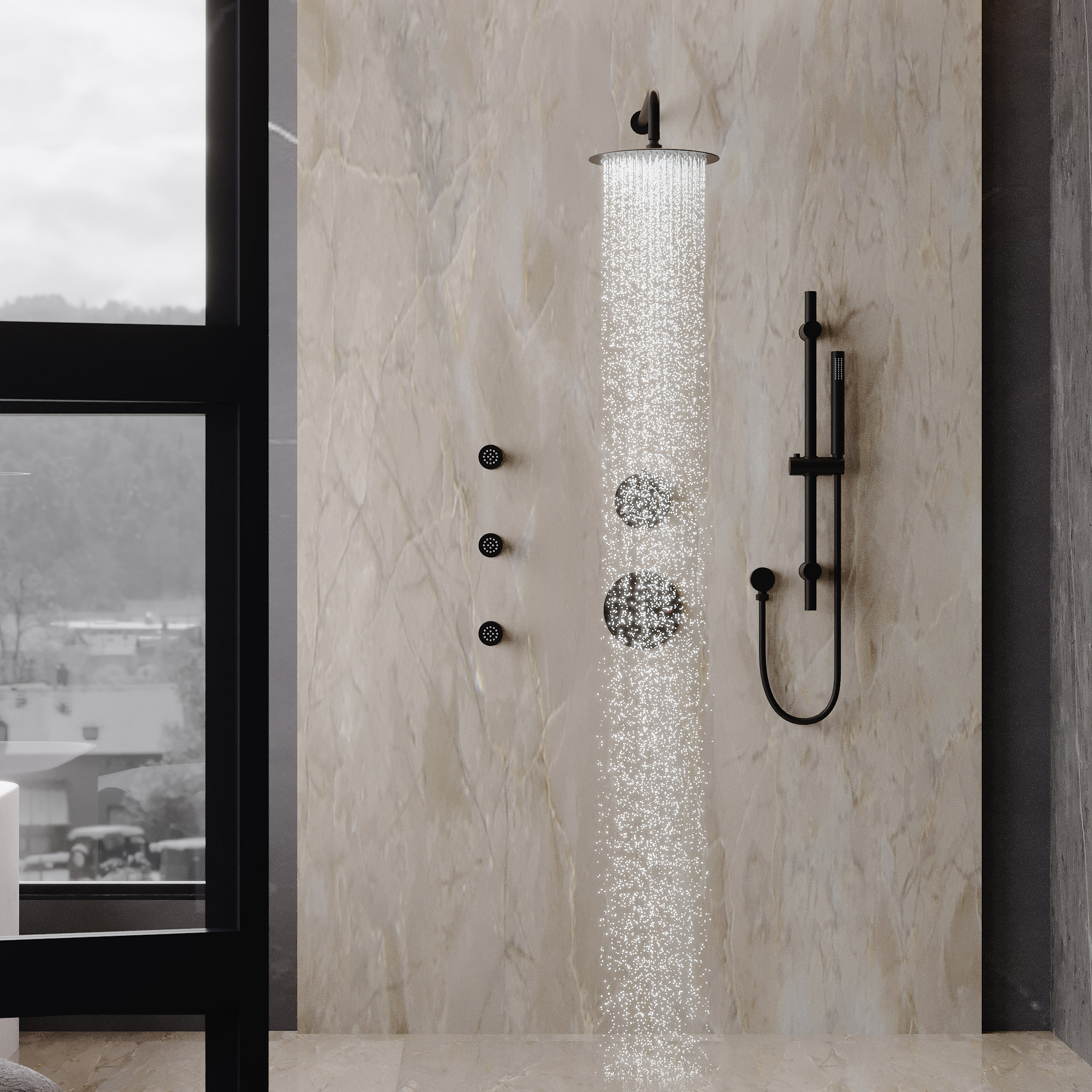 10-inch Wall-Mounted Rain Shower System with Body Jets & Slide Bar