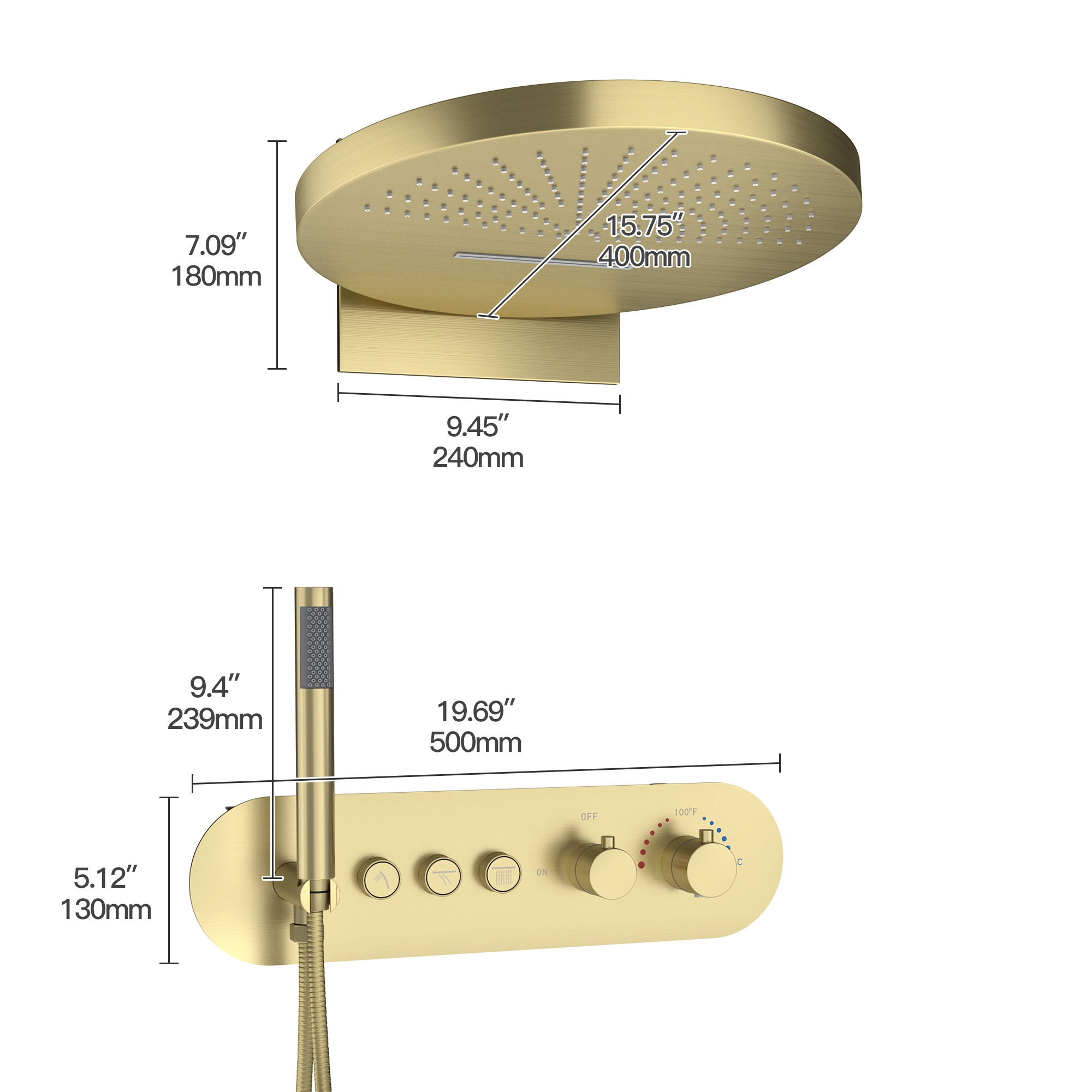 16" Wall-Mounted Thermostatic Shower System with Hand Shower