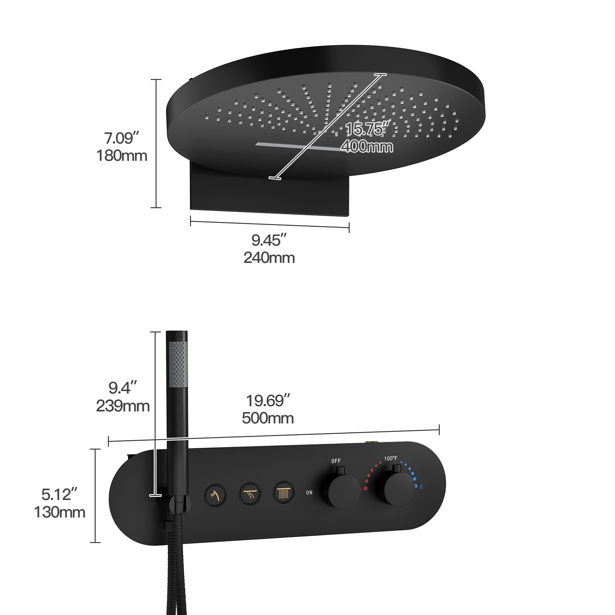 16" Wall-Mounted Thermostatic Shower System with Hand Shower
