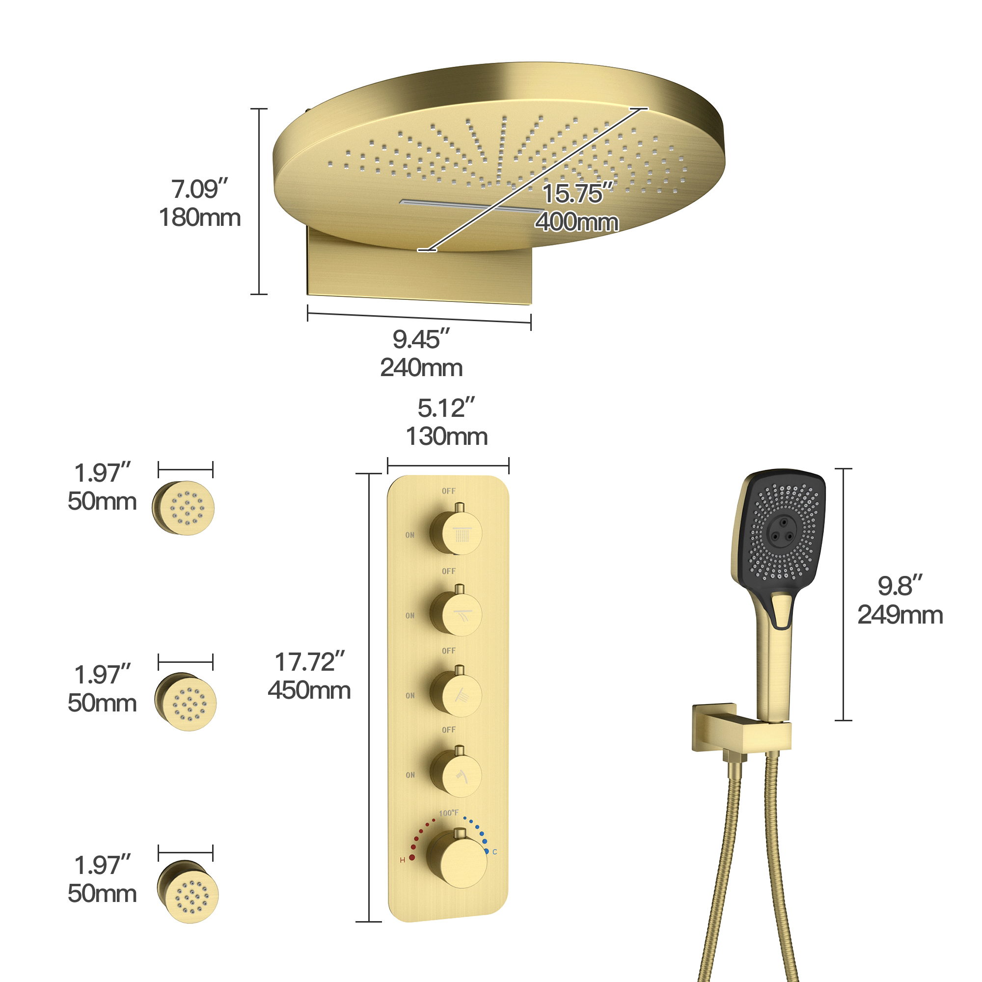 16" Wall-Mounted 4-Function Thermostatic Shower System with 3 Body Jets