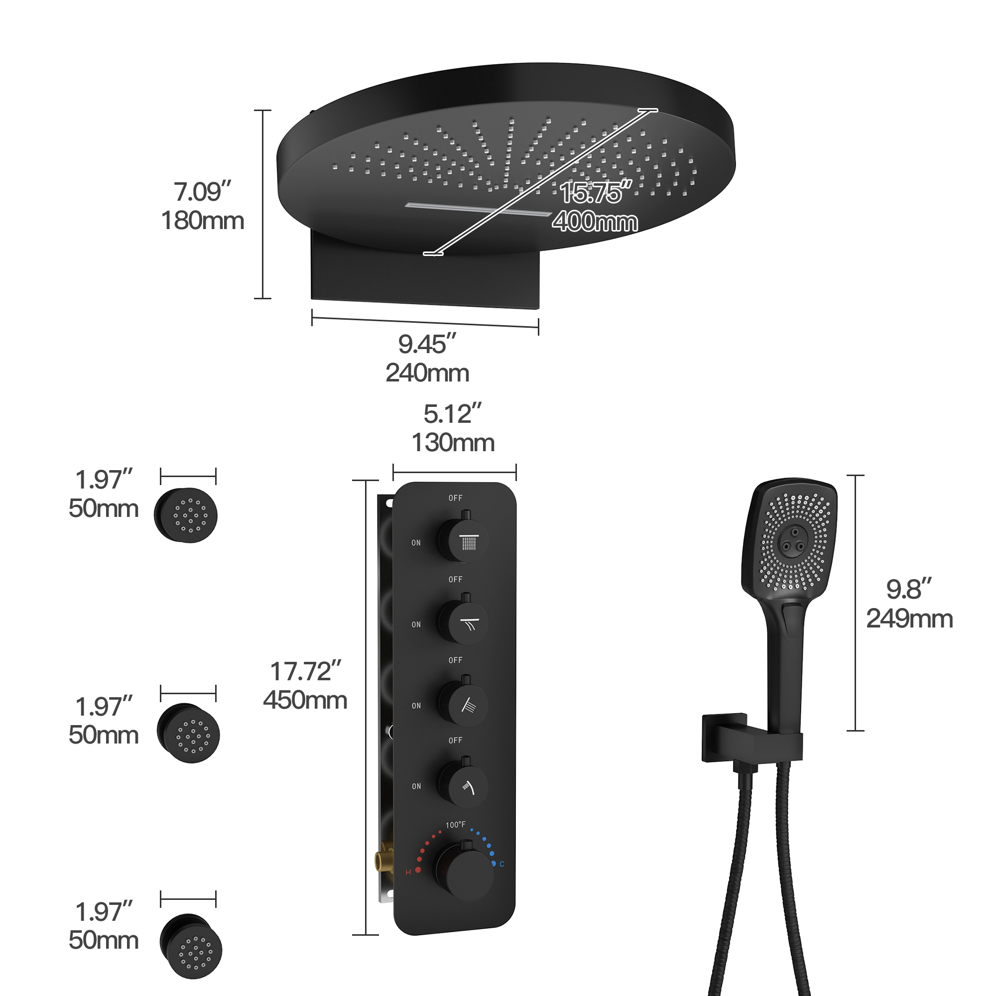 16" Wall-Mounted 4-Function Thermostatic Shower System with 3 Body Jets