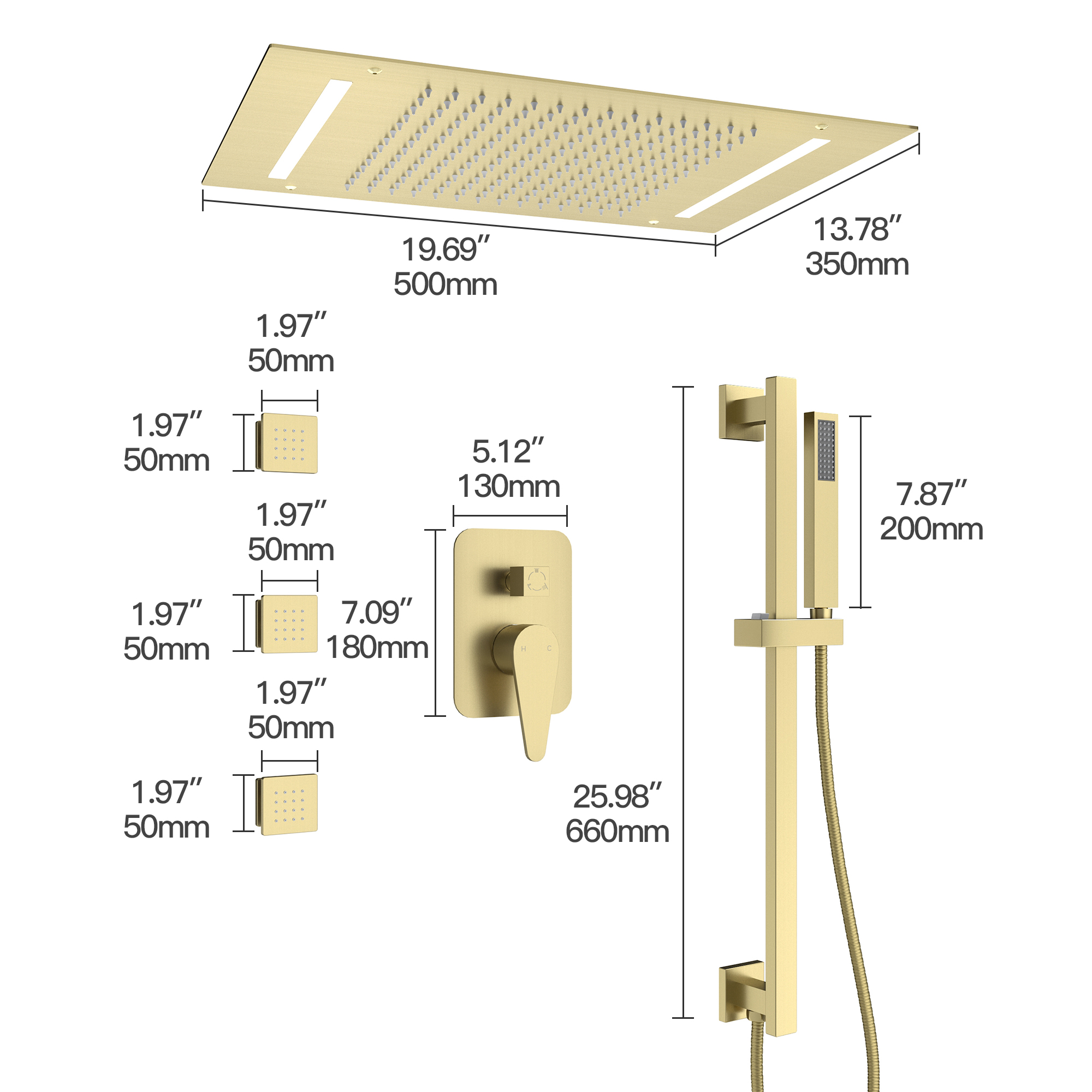 20" x 14" 3-Function Body Jet Shower System with LED Lights & Slide Bar