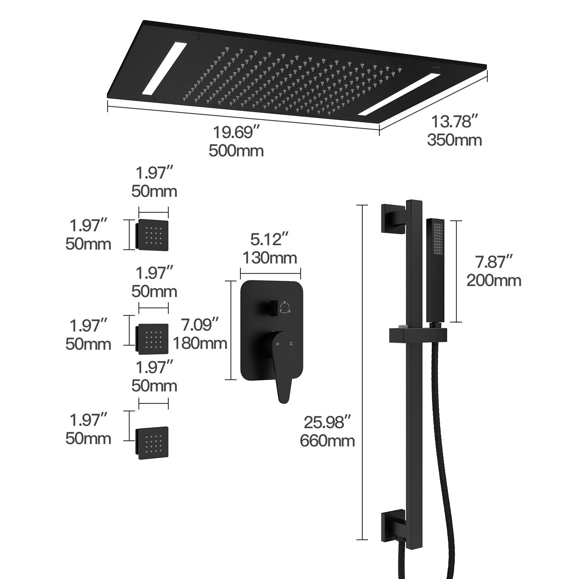 20" x 14" 3-Function Body Jet Shower System with LED Lights & Slide Bar