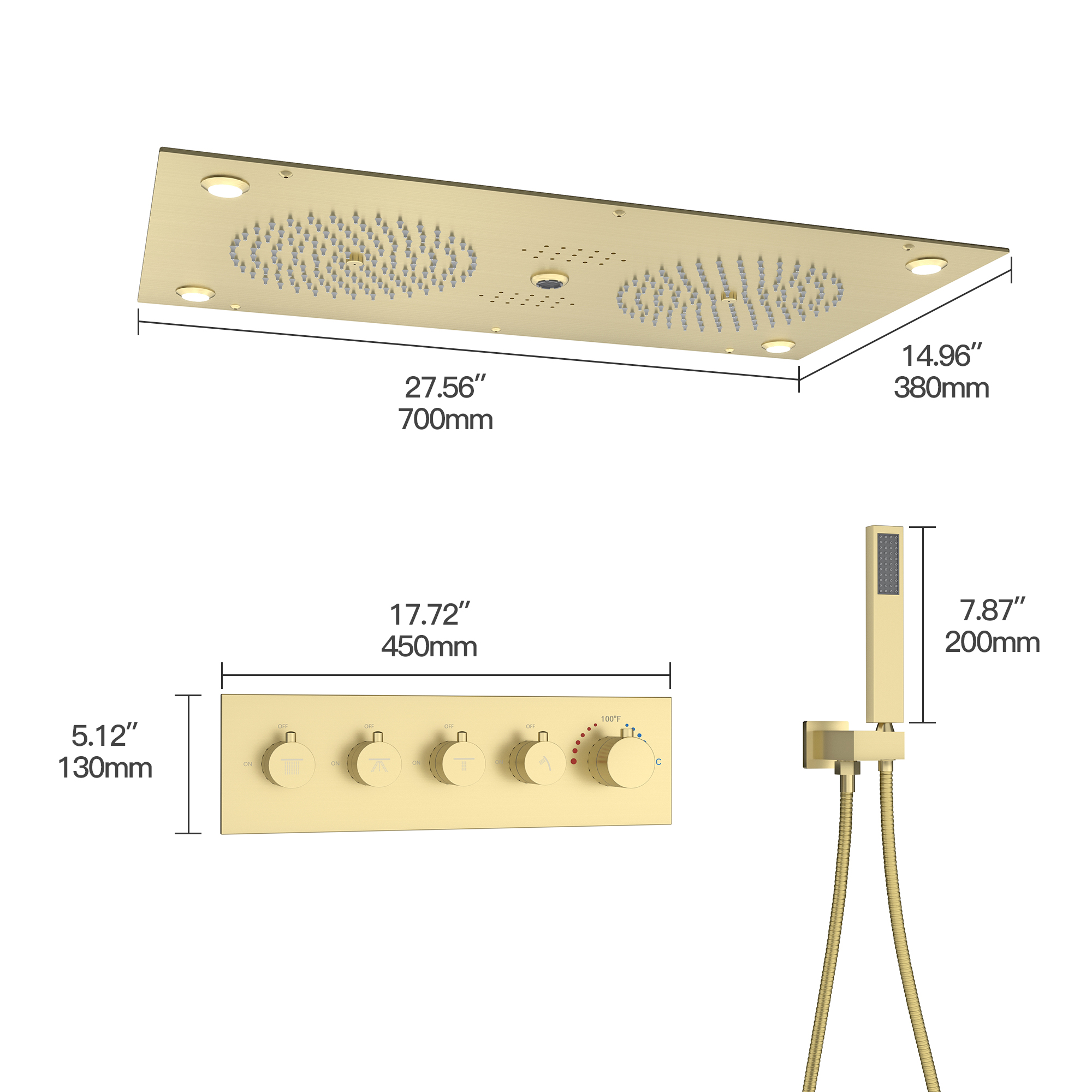 28" x 15" 4-Function Thermostatic Shower System with LED Lights & Bluetooth
